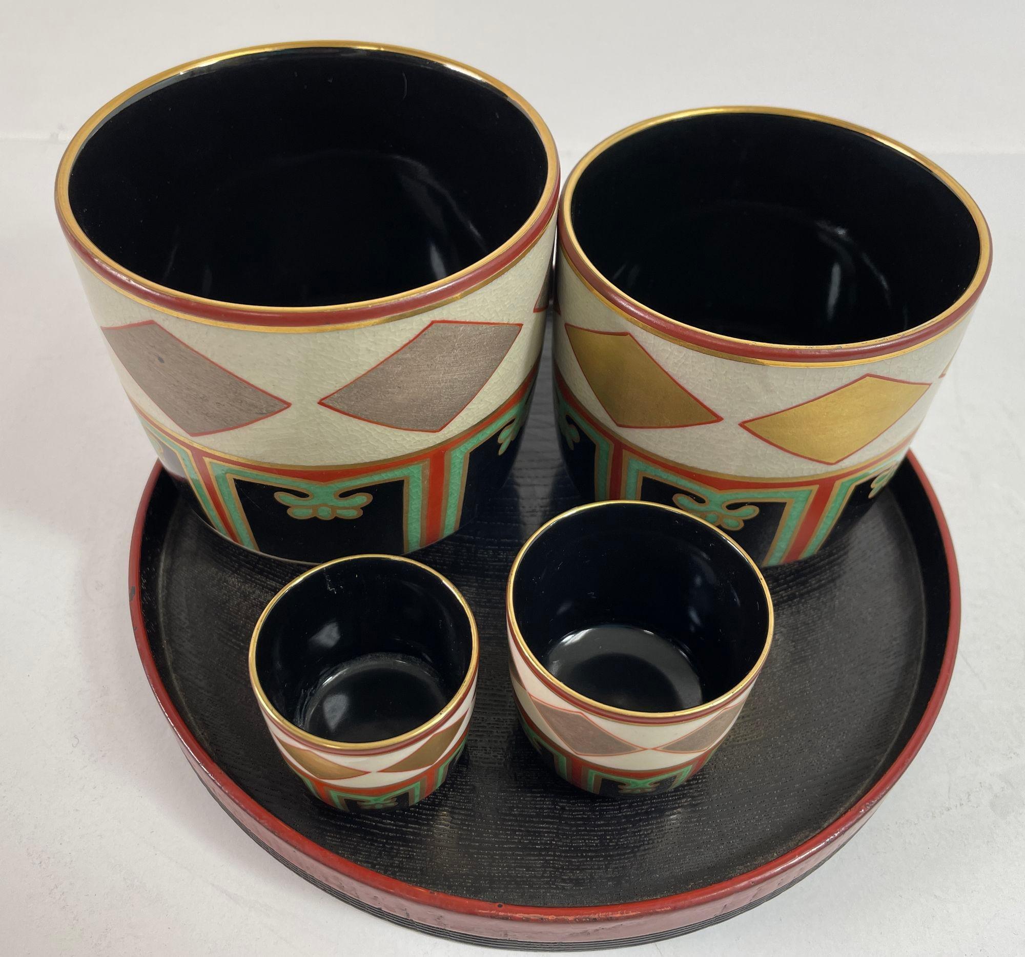 Kuniyaki Tea Bowls and Tray Set After Nonomura Ninsei Japan For Sale 7