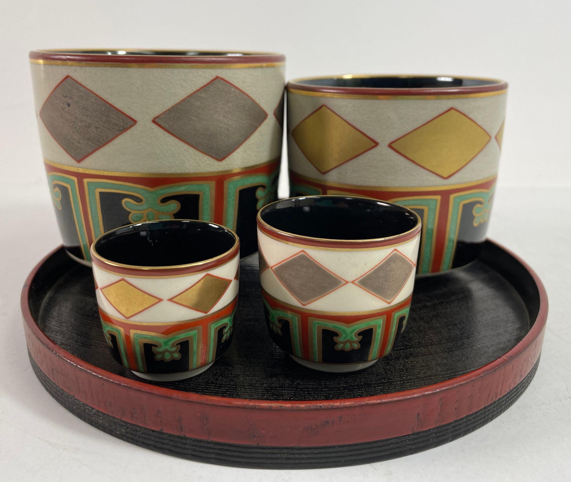 Kuniyaki Tea Bowls and Tray Set After Nonomura Ninsei Japan For Sale 9