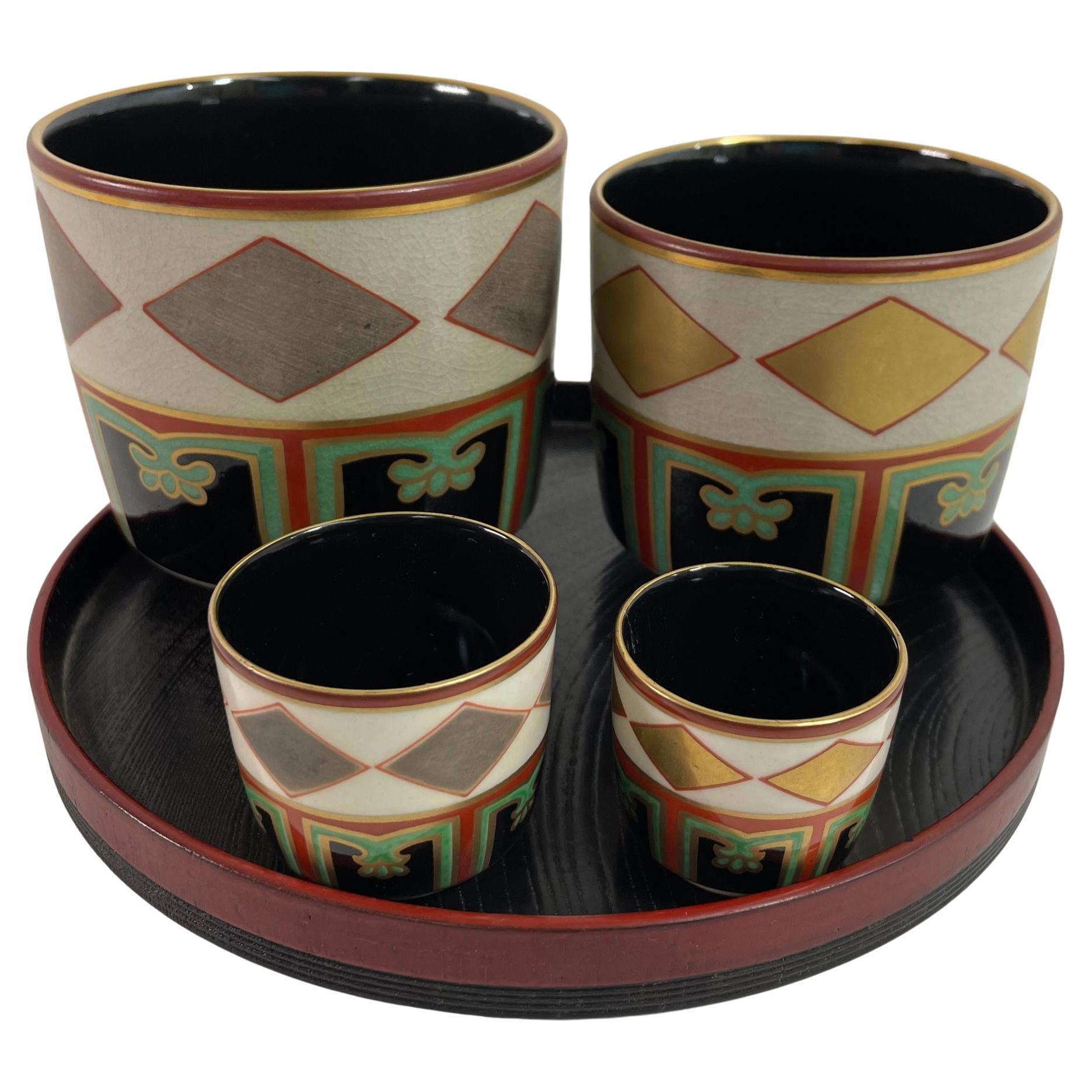 Kuniyaki Tea Bowls and Tray Set After Nonomura Ninsei Japan For Sale