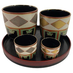 Vintage Kuniyaki Tea Bowls and Tray Set After Nonomura Ninsei Japan