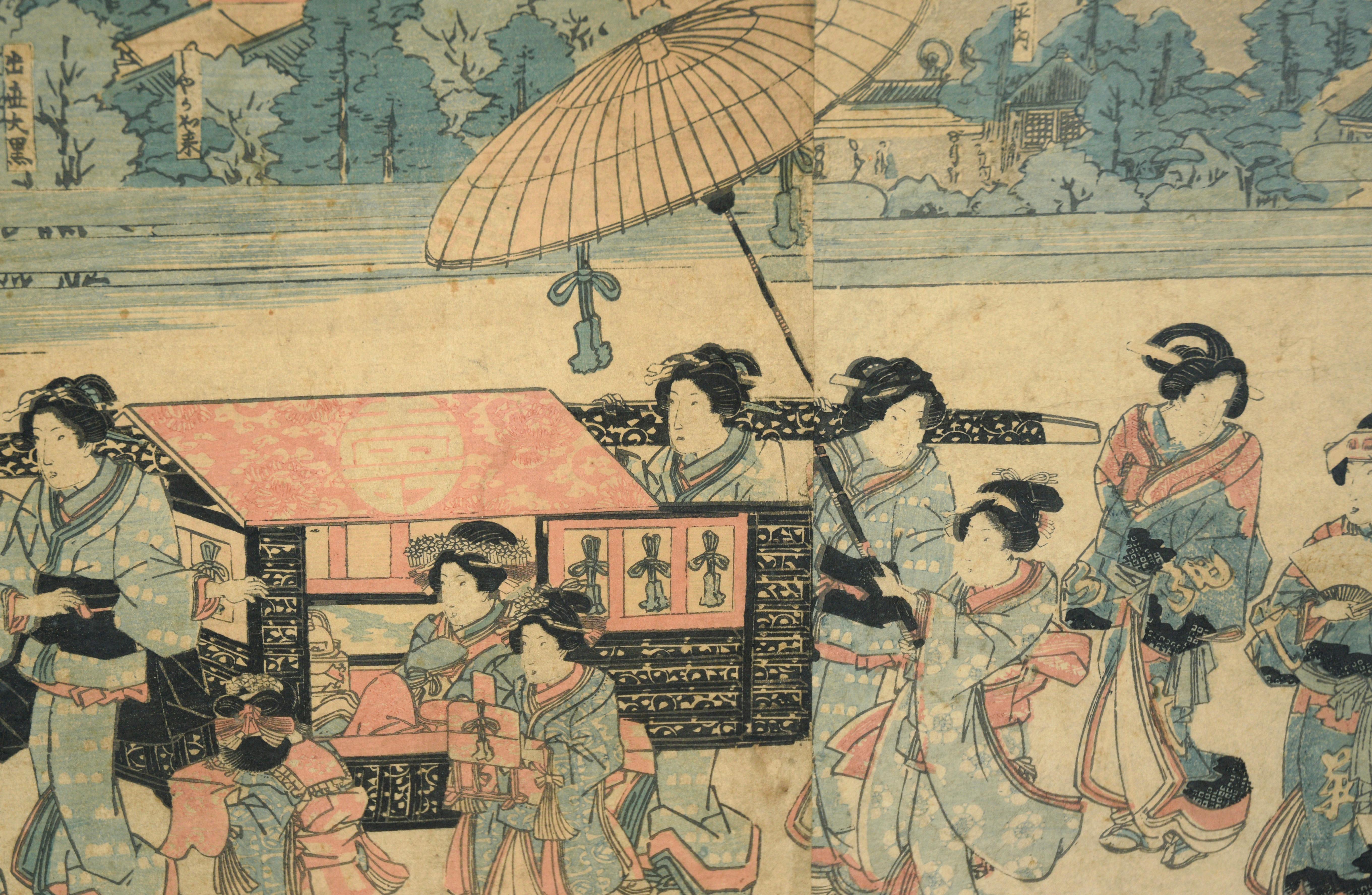 Japanese Parade - Woodblock Print

Japanese woodblock print by Utagawa Kuniyasu (歌川 国安) (Japan, 1794–1832). Japanese women, dressed in blue and red kimonos, are the focal point. A village and trees can be seen in the near distance. 

The Pilgrimage