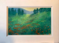 Deutsches zeitgenössisches pastellfarbenes Gemälde, strahlende Landschaft, Feld mit Blumen, Pflanzgefäßen