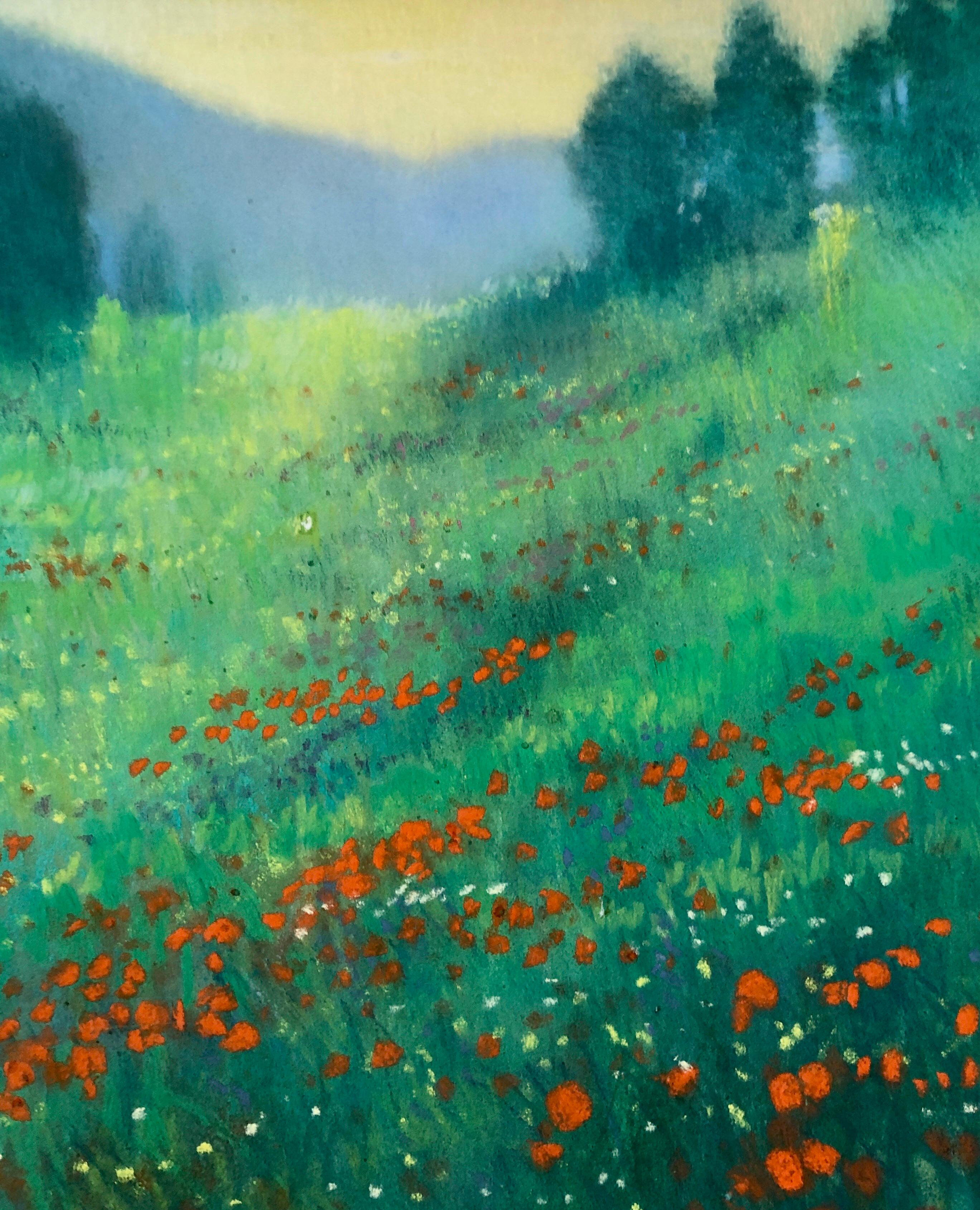 Peinture au pastel contemporaine allemande Paysage radieux Champ de fleurs Coquelicots - Bleu Landscape Painting par Kuno Vollet