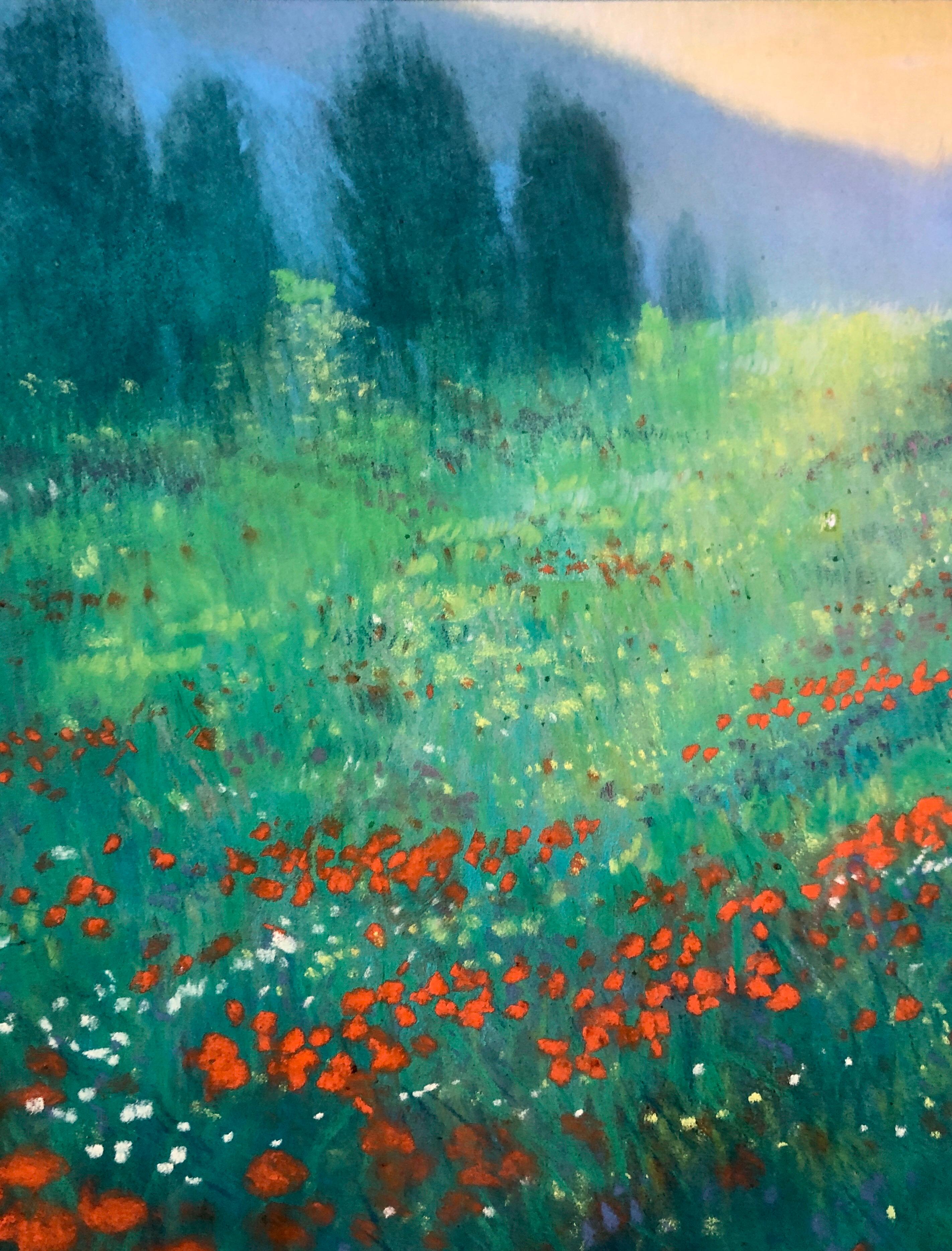 German Contemporary Pastel Painting Radiant Landscape Field with Flowers Poppies - Blue Landscape Painting by Kuno Vollet