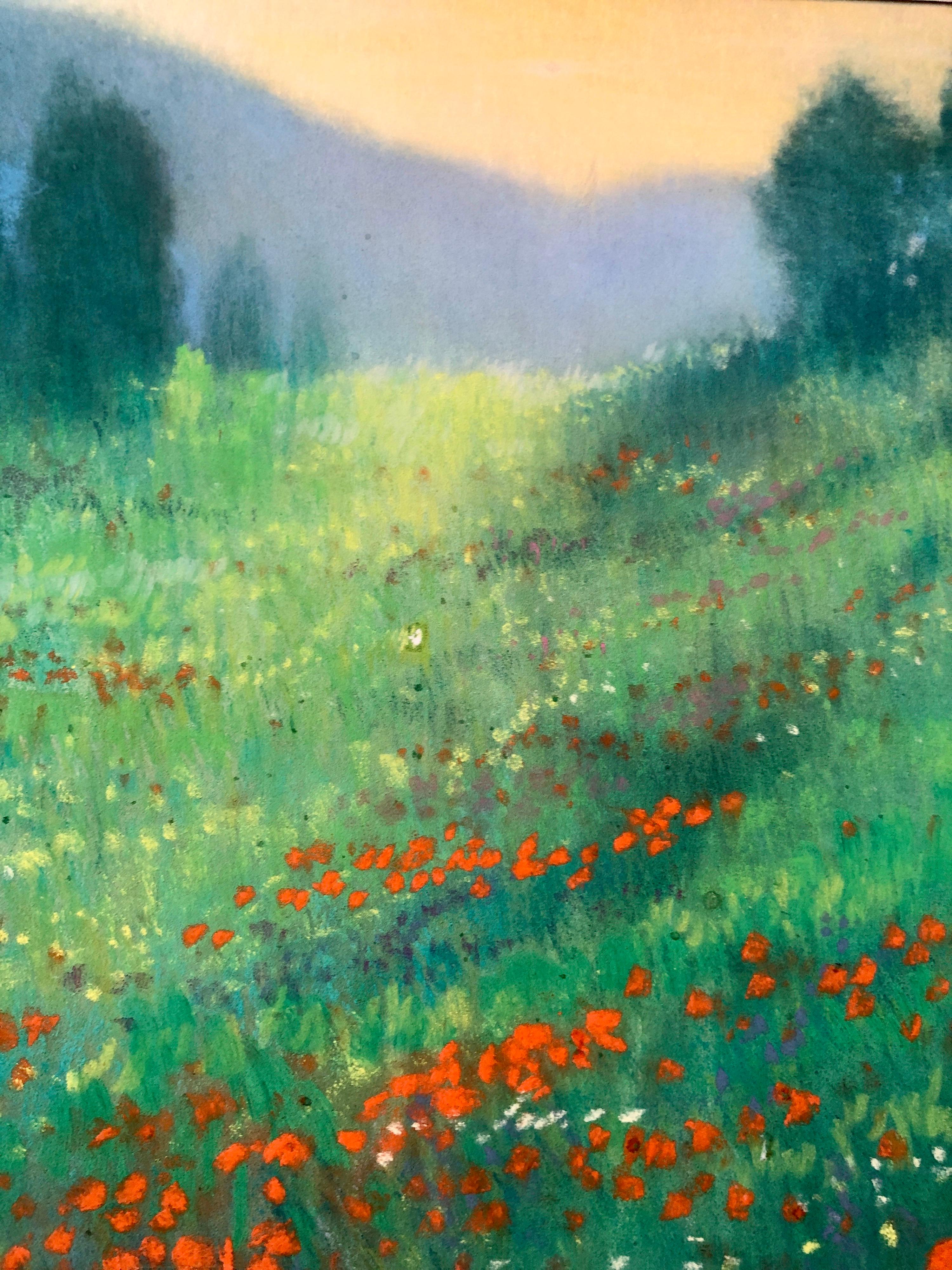 Peinture au pastel contemporaine allemande Paysage radieux Champ de fleurs Coquelicots en vente 1