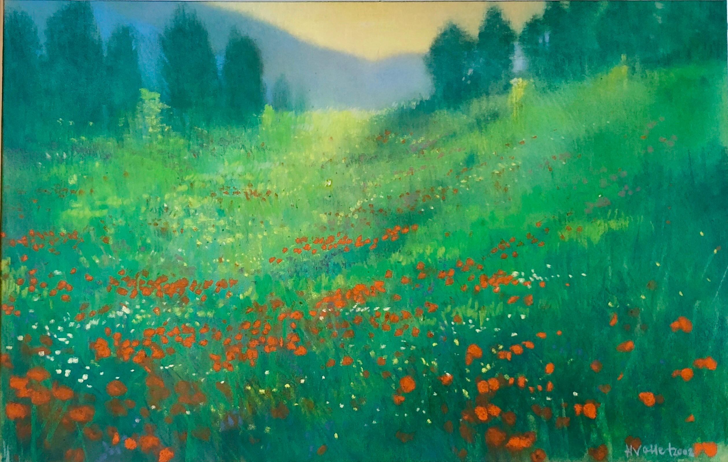 German Contemporary Pastel Painting Radiant Landscape Field with Flowers Poppies For Sale 1