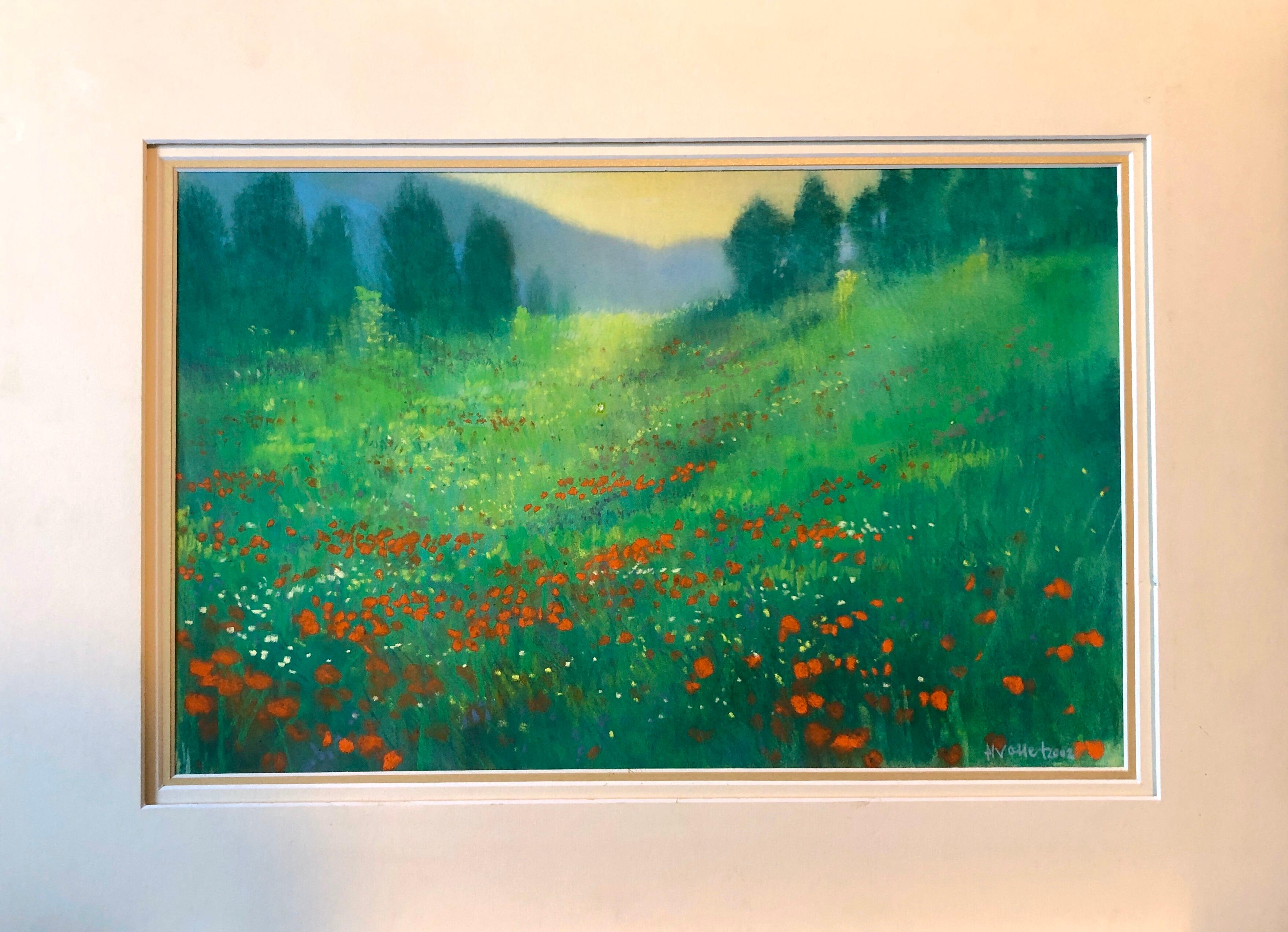 Peinture au pastel contemporaine allemande Paysage radieux Champ de fleurs Coquelicots en vente 3