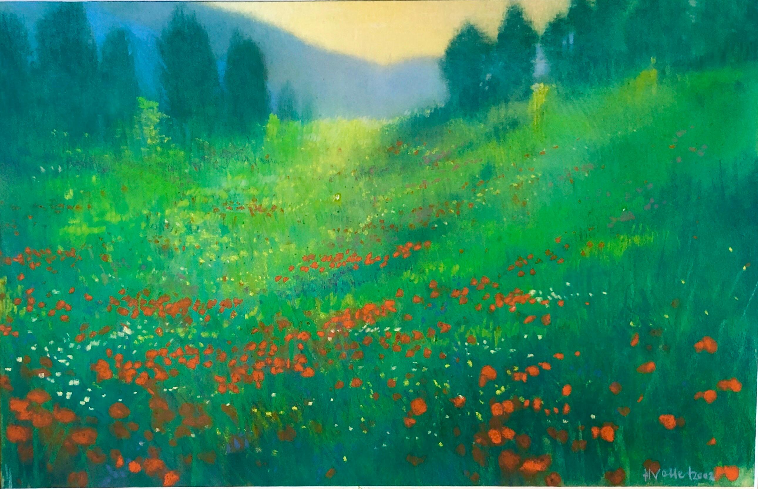 Kuno Vollet Landscape Painting - German Contemporary Pastel Painting Radiant Landscape Field with Flowers Poppies