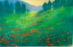 German Contemporary Pastel Painting Radiant Landscape Field with Flowers Poppies