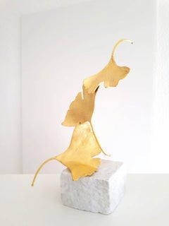 3 Golden Ginkgo Leaves Sculpture, Cast Brass with Marble Base, 25cm