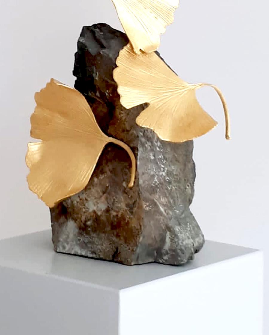 4 Leaf Stone Gingko by Kuno Vollet - Gilded Brass Gingko sculpture on stone base For Sale 2