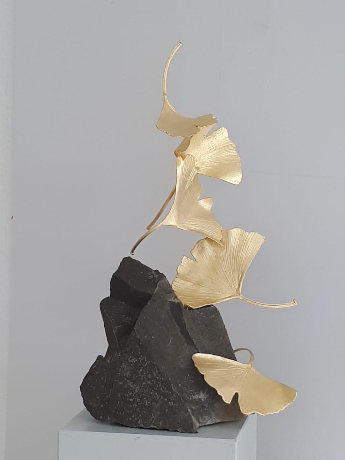 5 Leaf Stone Gingko by Kuno Vollet - Gilded Brass Gingko sculpture on stone base For Sale 1