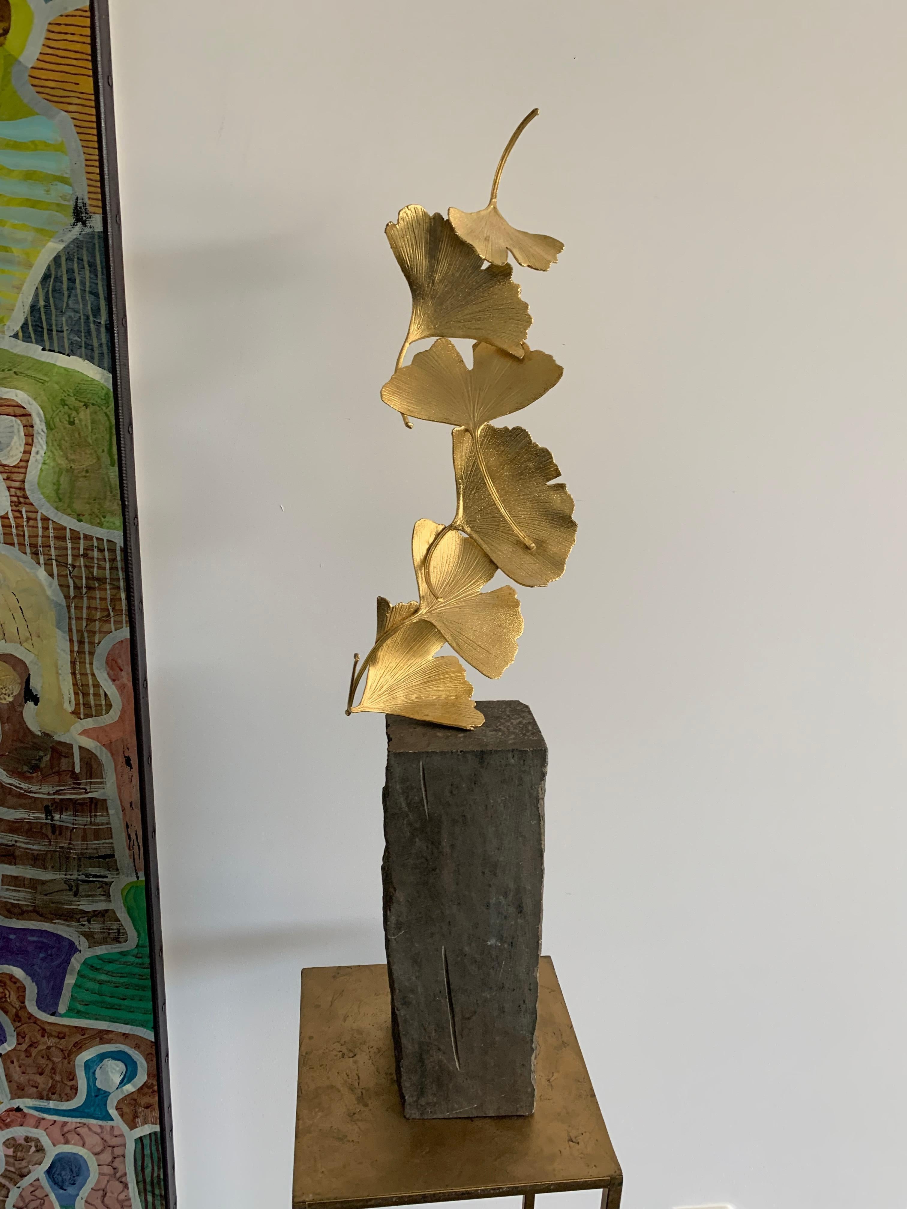 6 Golden Gingko Leaves - 24 k Gilded Cast Brass sculpture on rough stone base For Sale 4