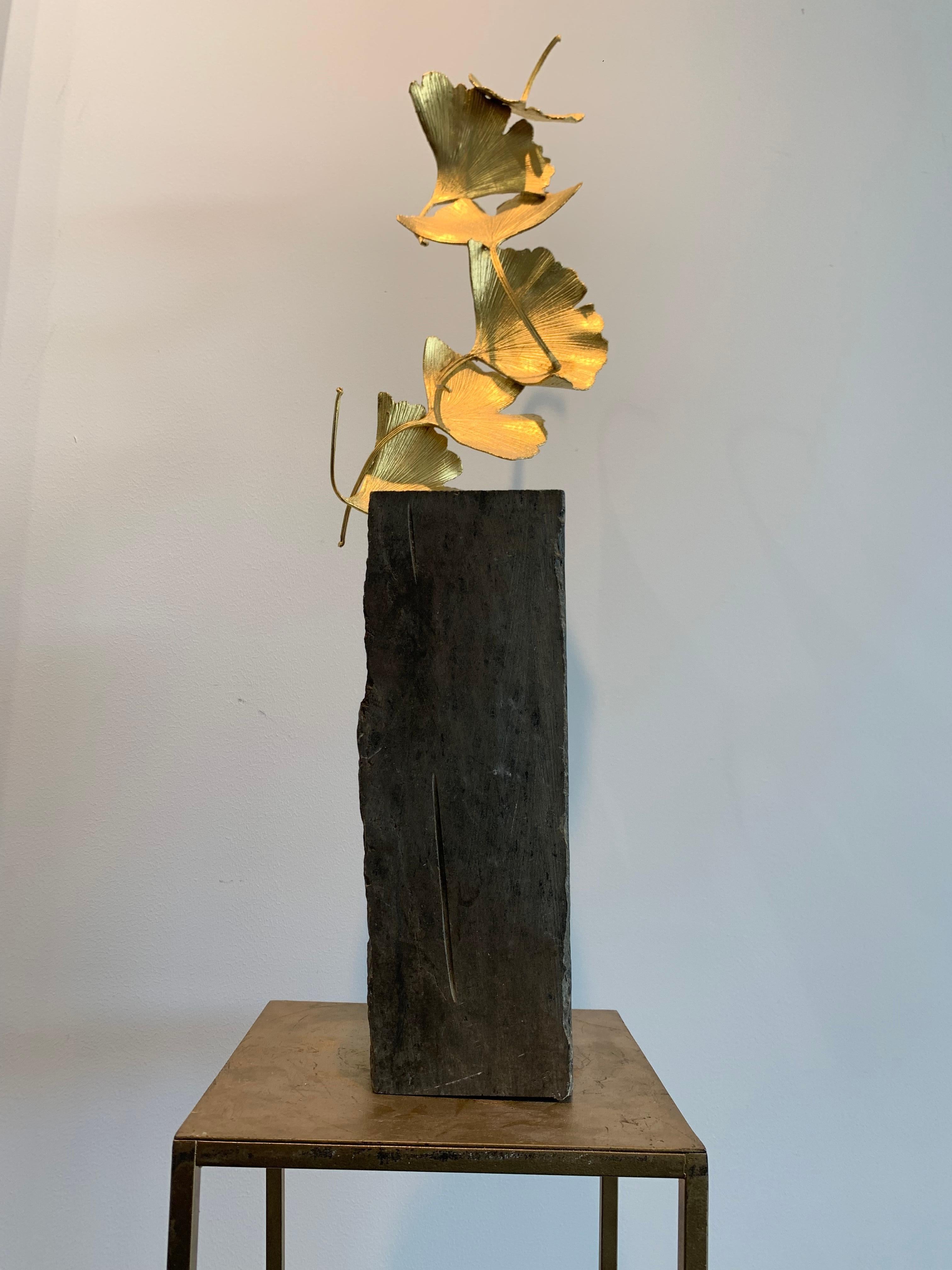 6 Golden Gingko Leaves - 24 k Gilded Cast Brass sculpture on rough stone base For Sale 6