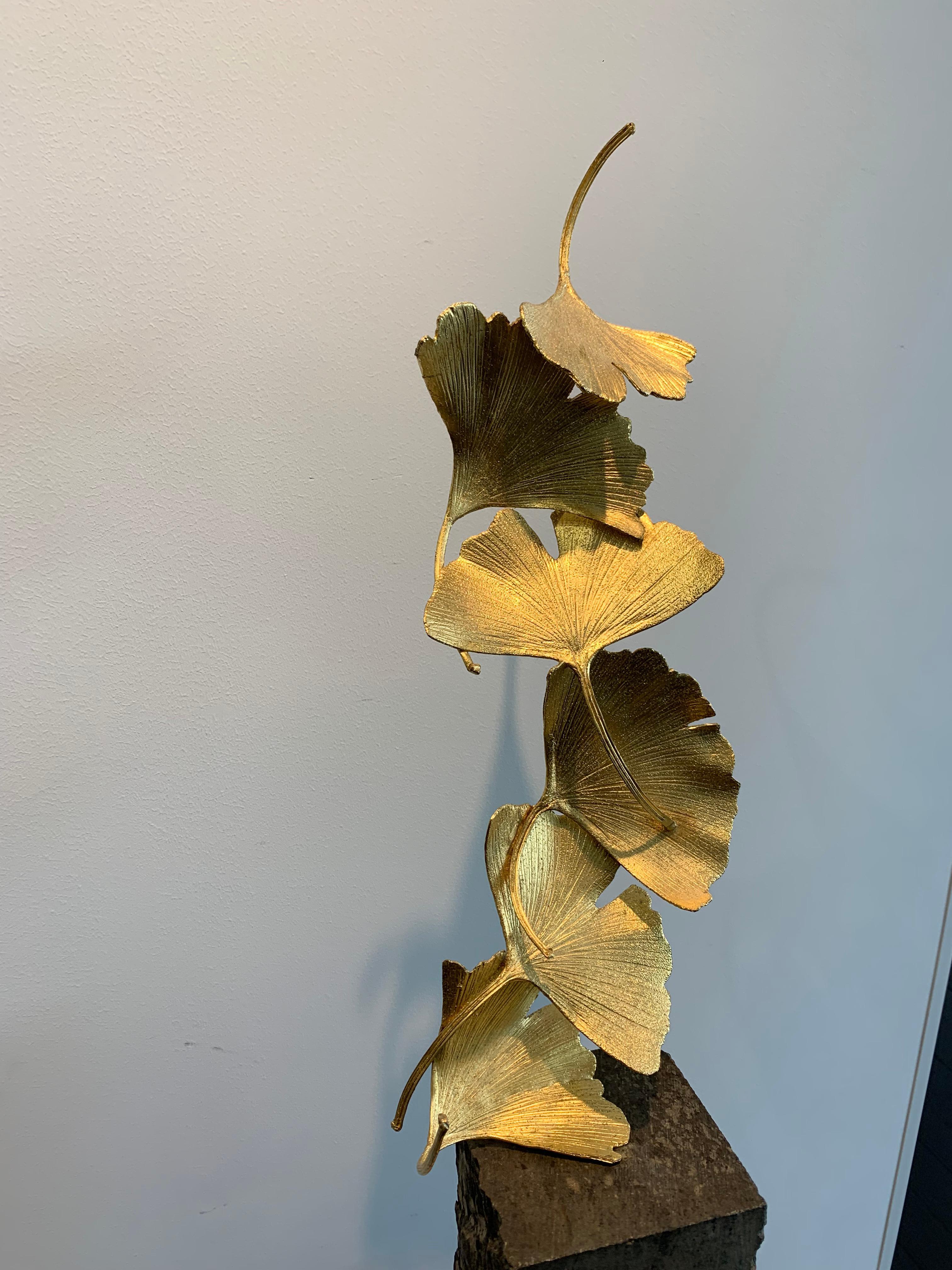6 Golden Gingko Leaves - 24 k Gilded Cast Brass sculpture on rough stone base - Contemporary Sculpture by Kuno Vollet