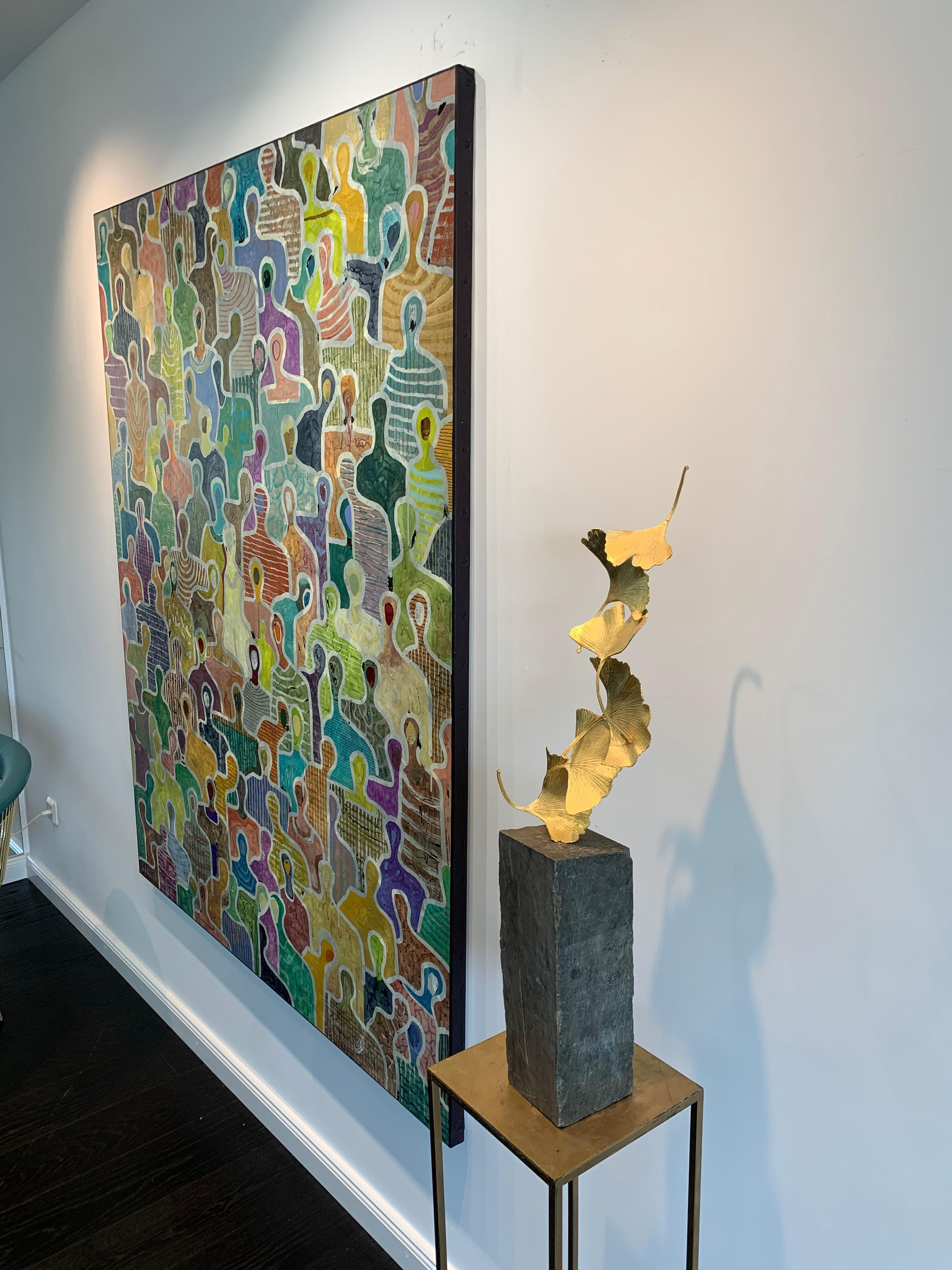6 Foglie di Gingko dorate - Scultura in ottone fuso dorato 24 k su base in pietra grezza in vendita 1