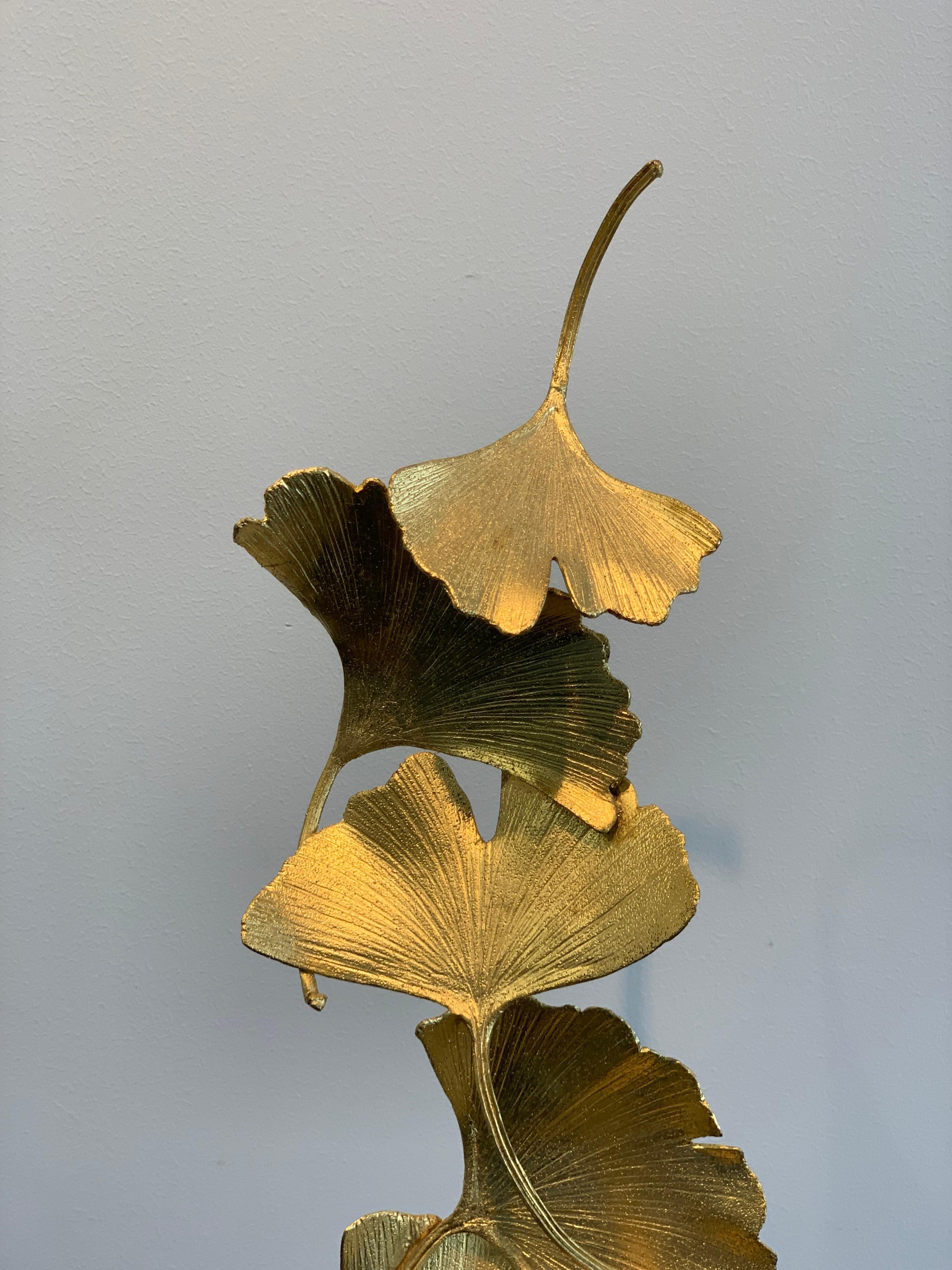 6 Golden Gingko Leaves - 24 k Gilded Cast Brass sculpture on rough stone base For Sale 2