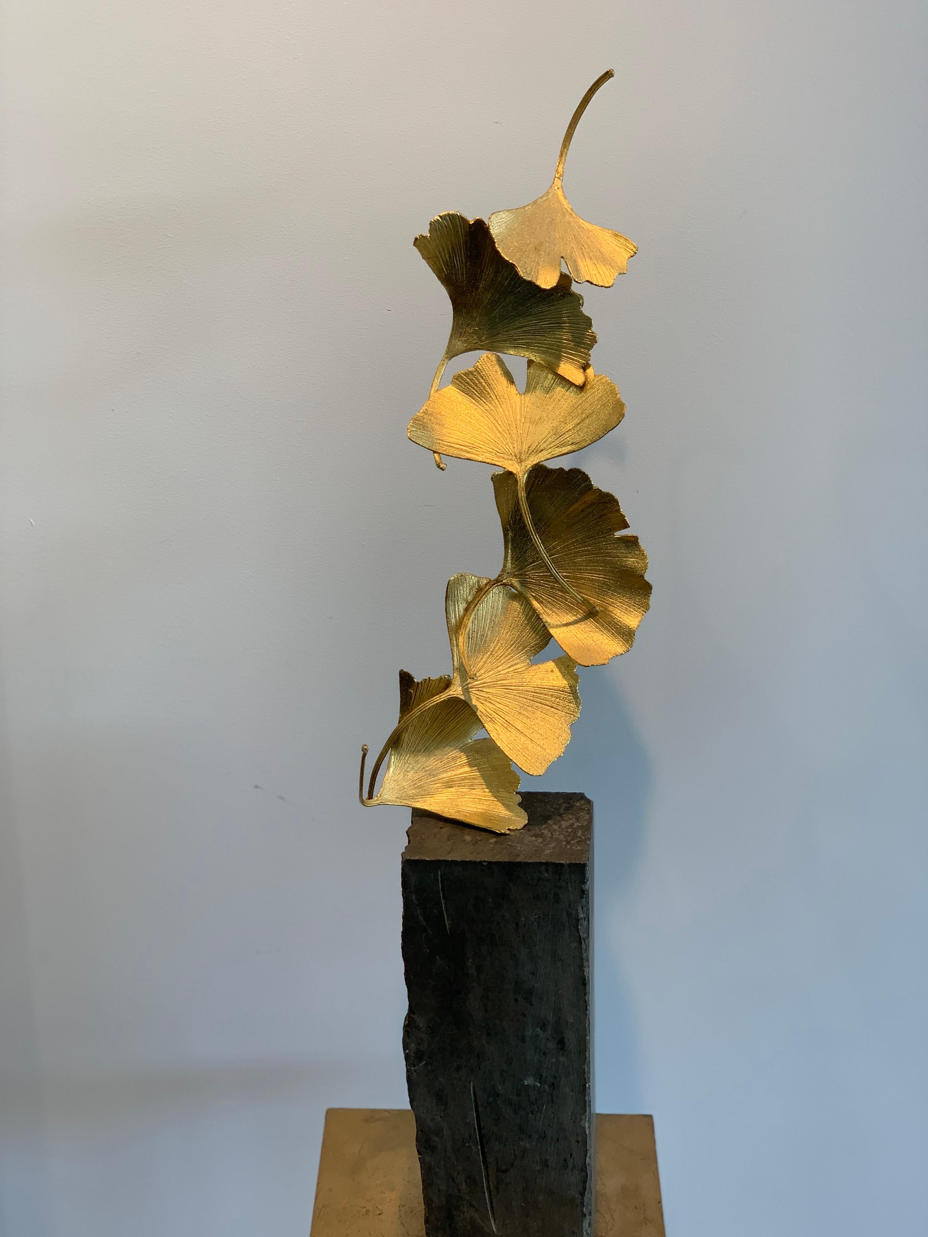 6 Golden Gingko Leaves - 24 k Gilded Cast Brass sculpture on rough stone base For Sale 3