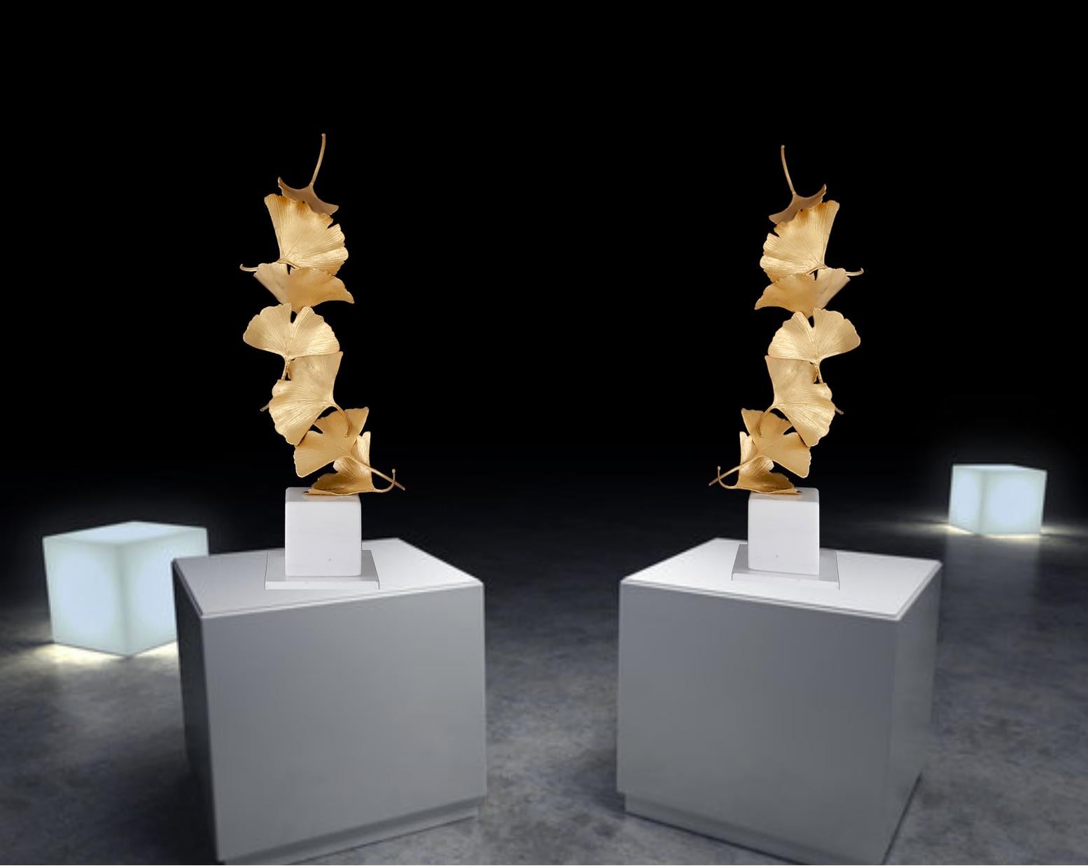 6 Golden Gingko Leaves Kuno Vollet- Cast Brass golden sculpture on white marble For Sale 7