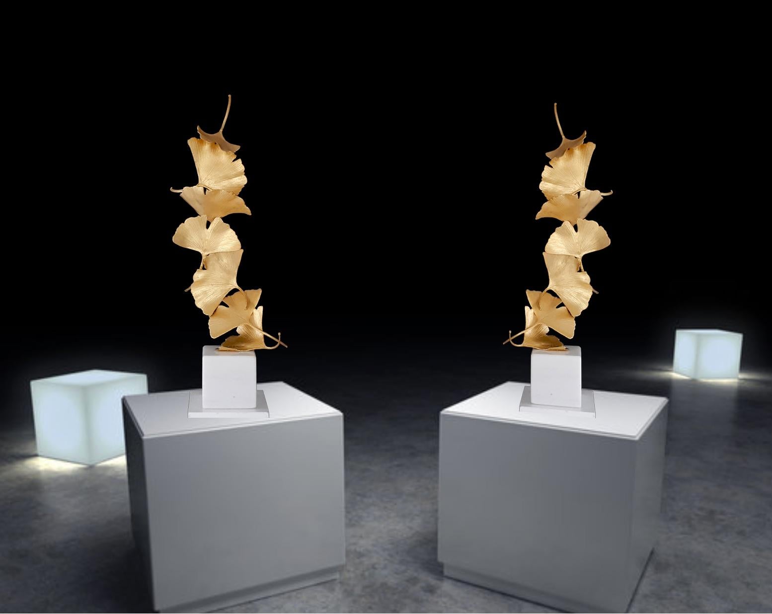 6 Foglie di Gingko dorate Kuno Vollet - Scultura in ottone fuso su marmo bianco in vendita 7