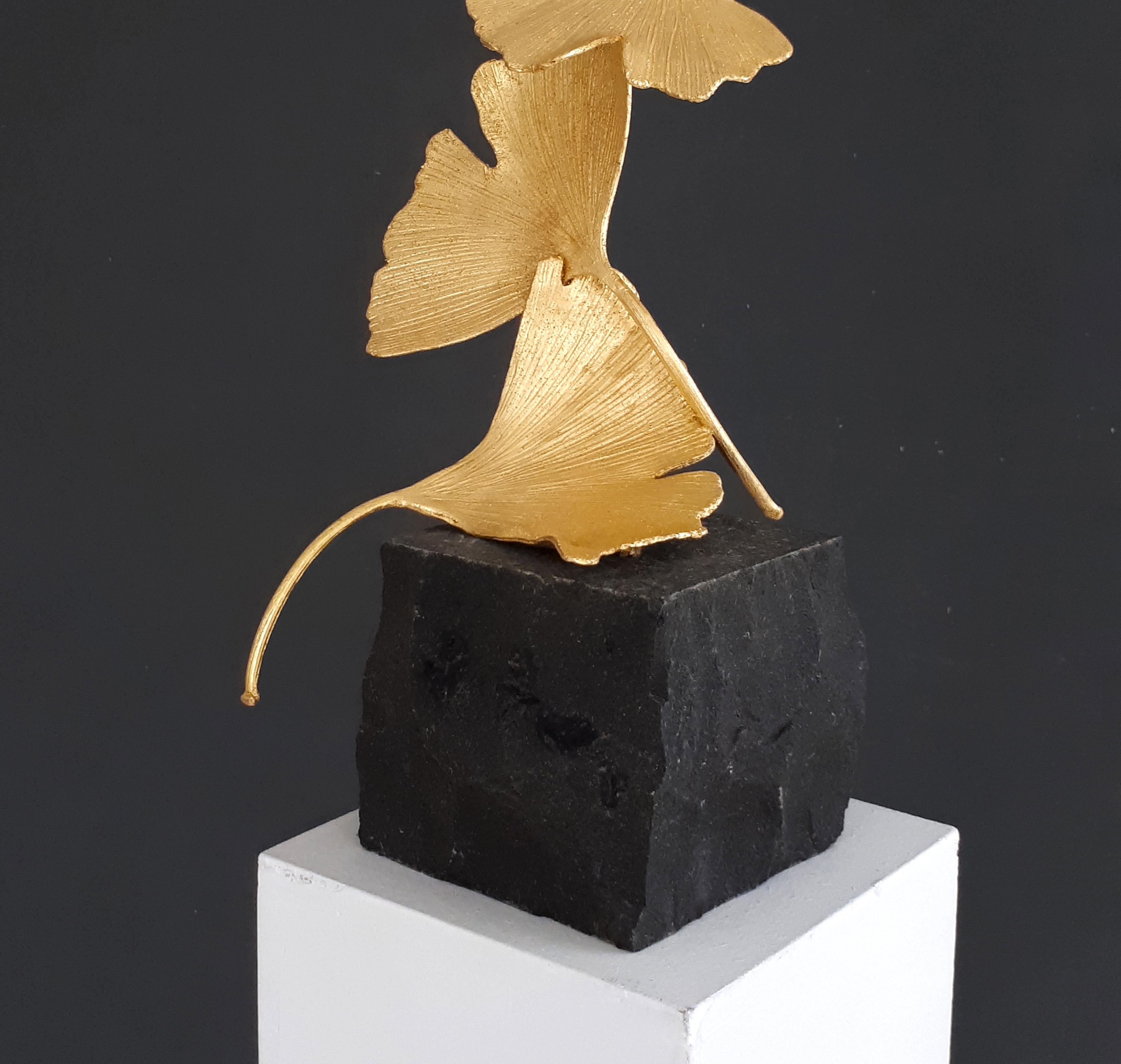 7 Golden Gingko Leaves - 24 k Gilded Cast Brass sculpture on black granite base - Black Abstract Sculpture by Kuno Vollet
