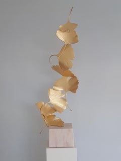 8 Golden Gingko Leaves - Cast Brass 24k Gilded sculpture on white marble base