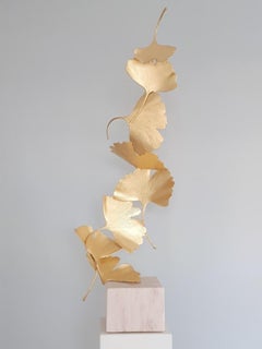 8 Golden Gingko Leaves - Cast Brass 24k Gilded sculpture on white marble base