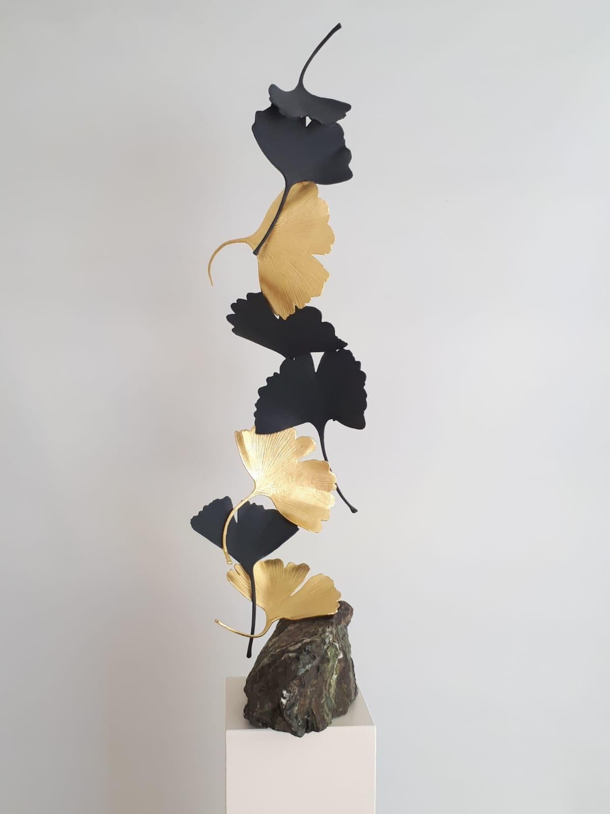 Black and Gold Gingko by Kuno Vollet Contemporary Bronze sculpture on granite For Sale 2
