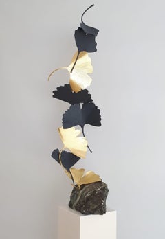 Black and Gold Gingko by Kuno Vollet Contemporary Bronze sculpture on granite