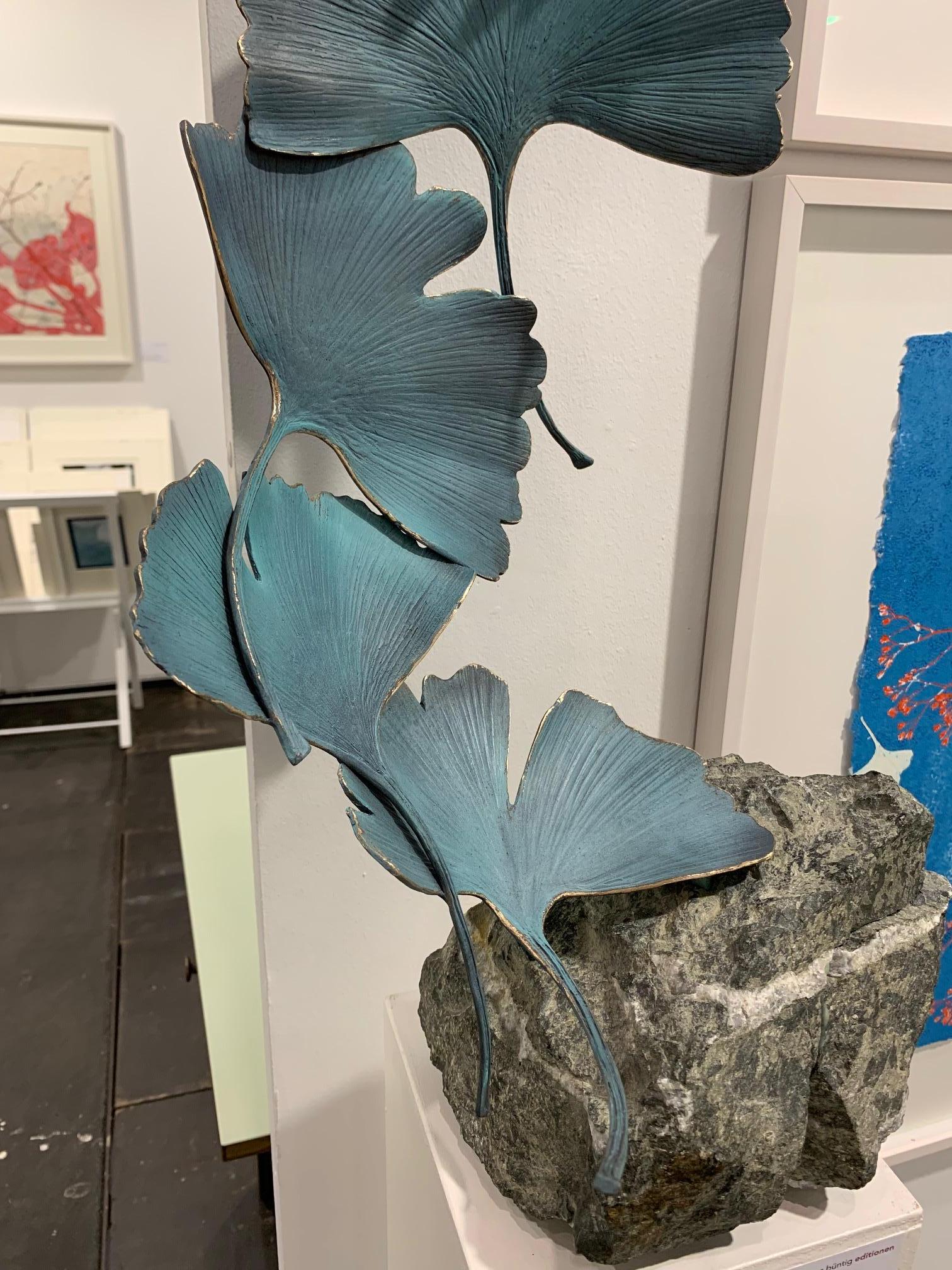 Blue Gingko by Kuno Vollet - Contemporary bronze sculpture on rough granite base For Sale 9