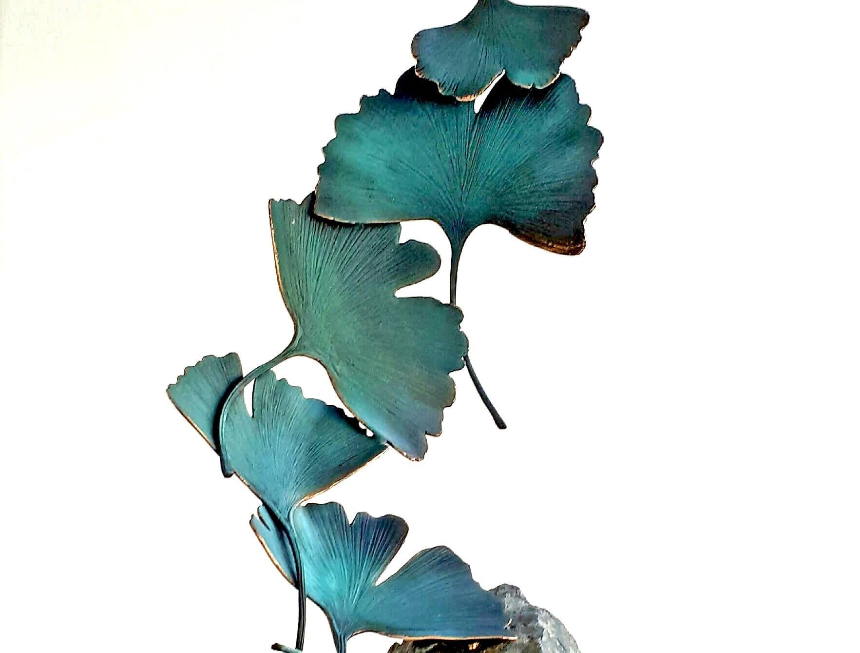 Blue Gingko by Kuno Vollet - Contemporary bronze sculpture on rough granite base For Sale 1