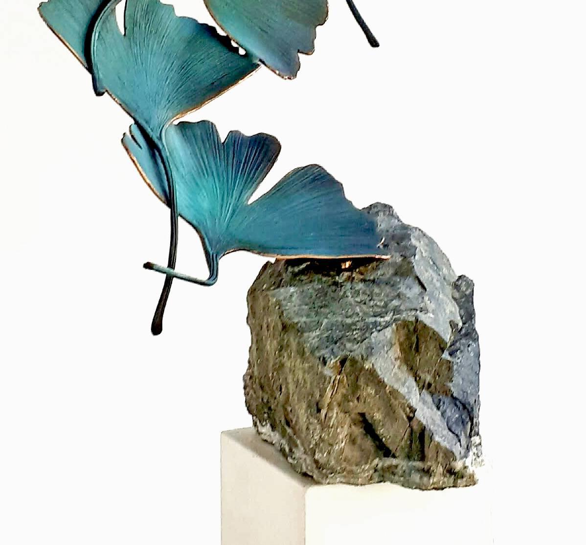 Blue Gingko by Kuno Vollet - Contemporary bronze sculpture on rough granite base For Sale 2