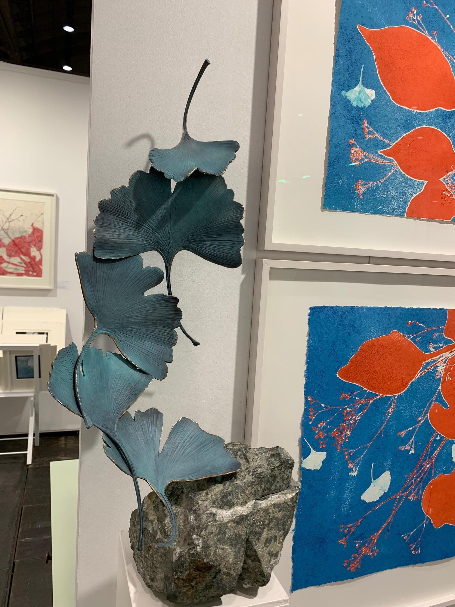Blue Gingko by Kuno Vollet - Contemporary bronze sculpture on rough granite base For Sale 3