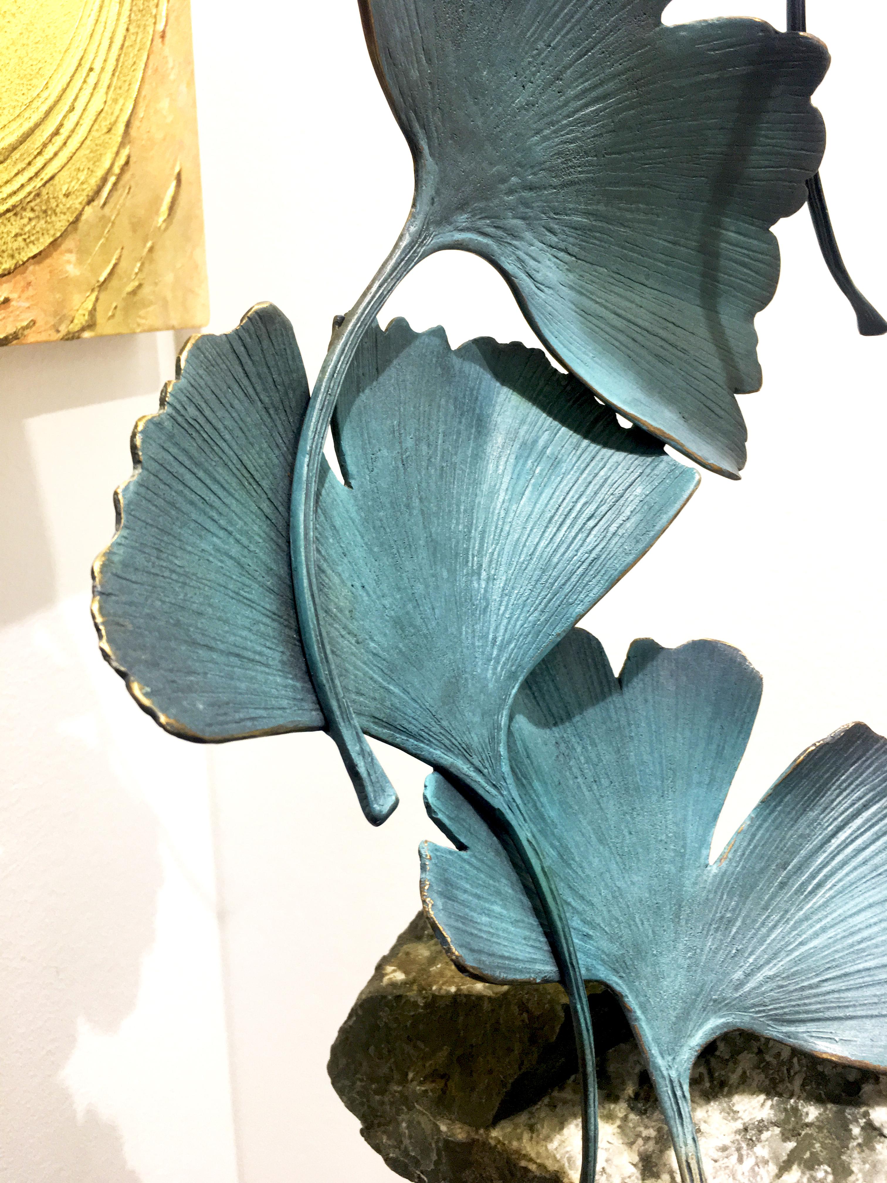 Blue Gingko by Kuno Vollet - Contemporary bronze sculpture on rough granite base For Sale 4