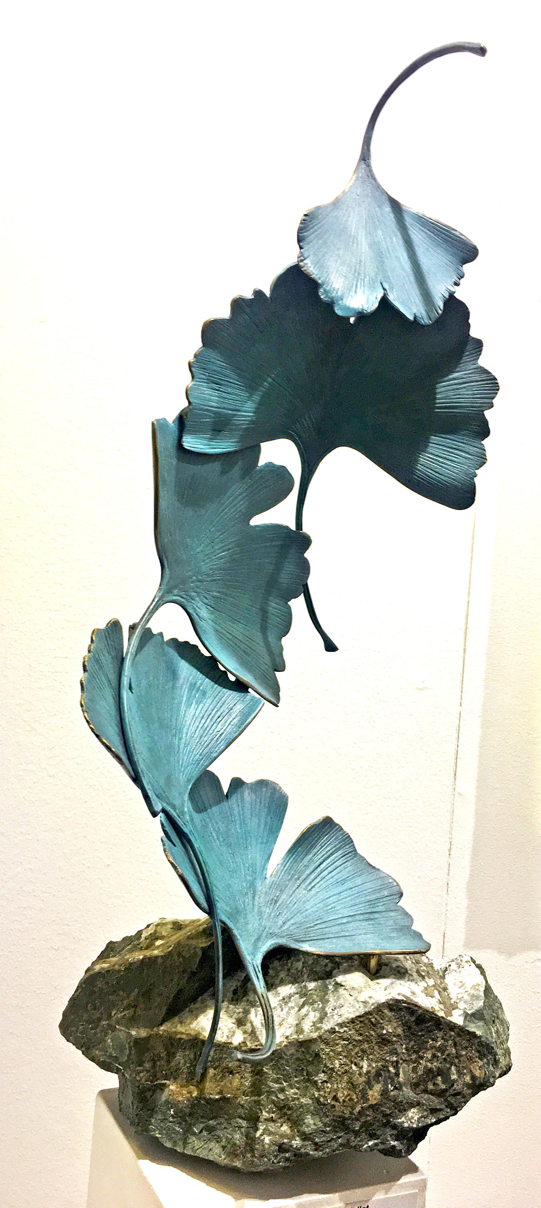 Blue Gingko by Kuno Vollet - Contemporary bronze sculpture on rough granite base For Sale 6