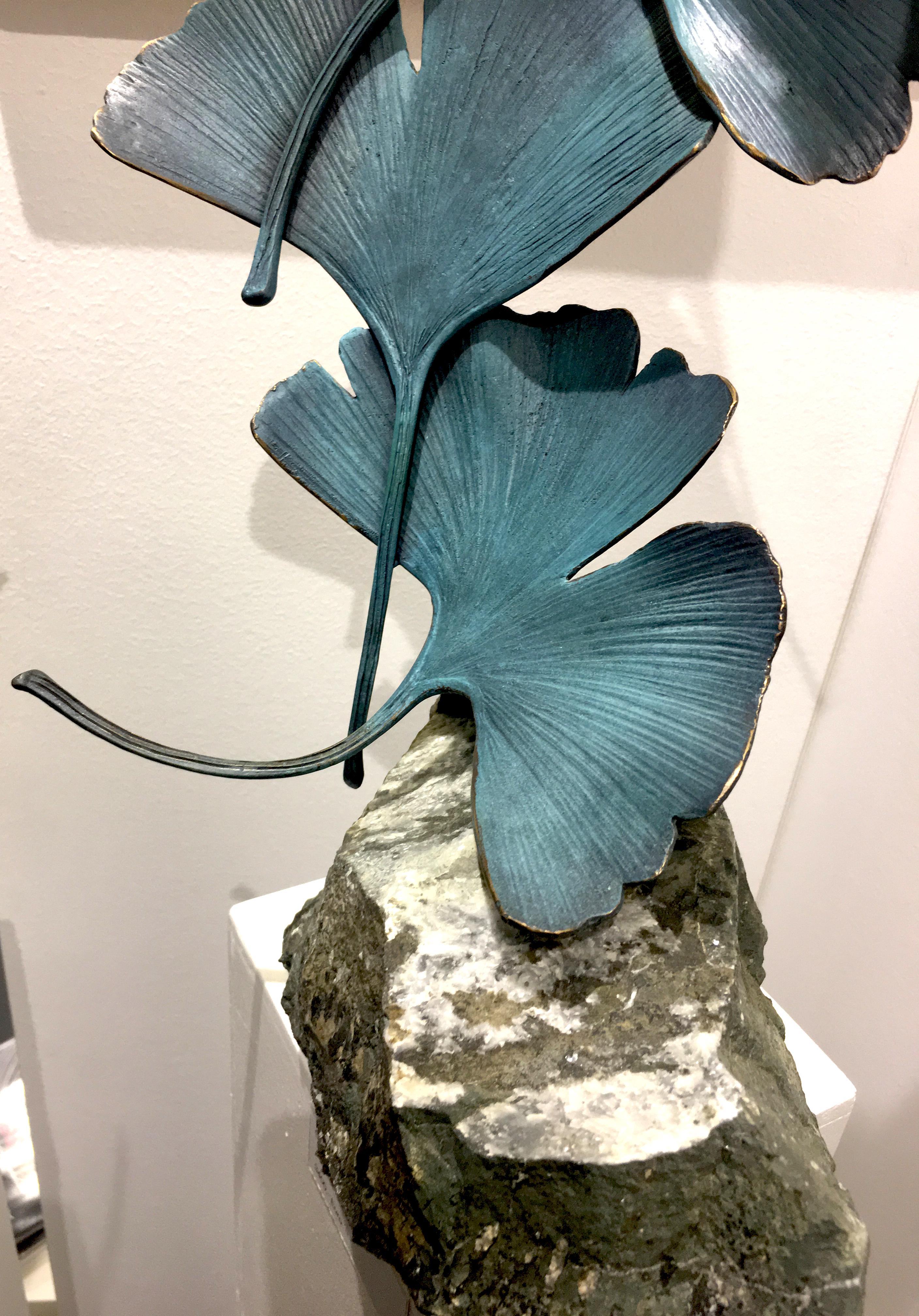 Blue Gingko by Kuno Vollet - Contemporary bronze sculpture on rough granite base For Sale 7