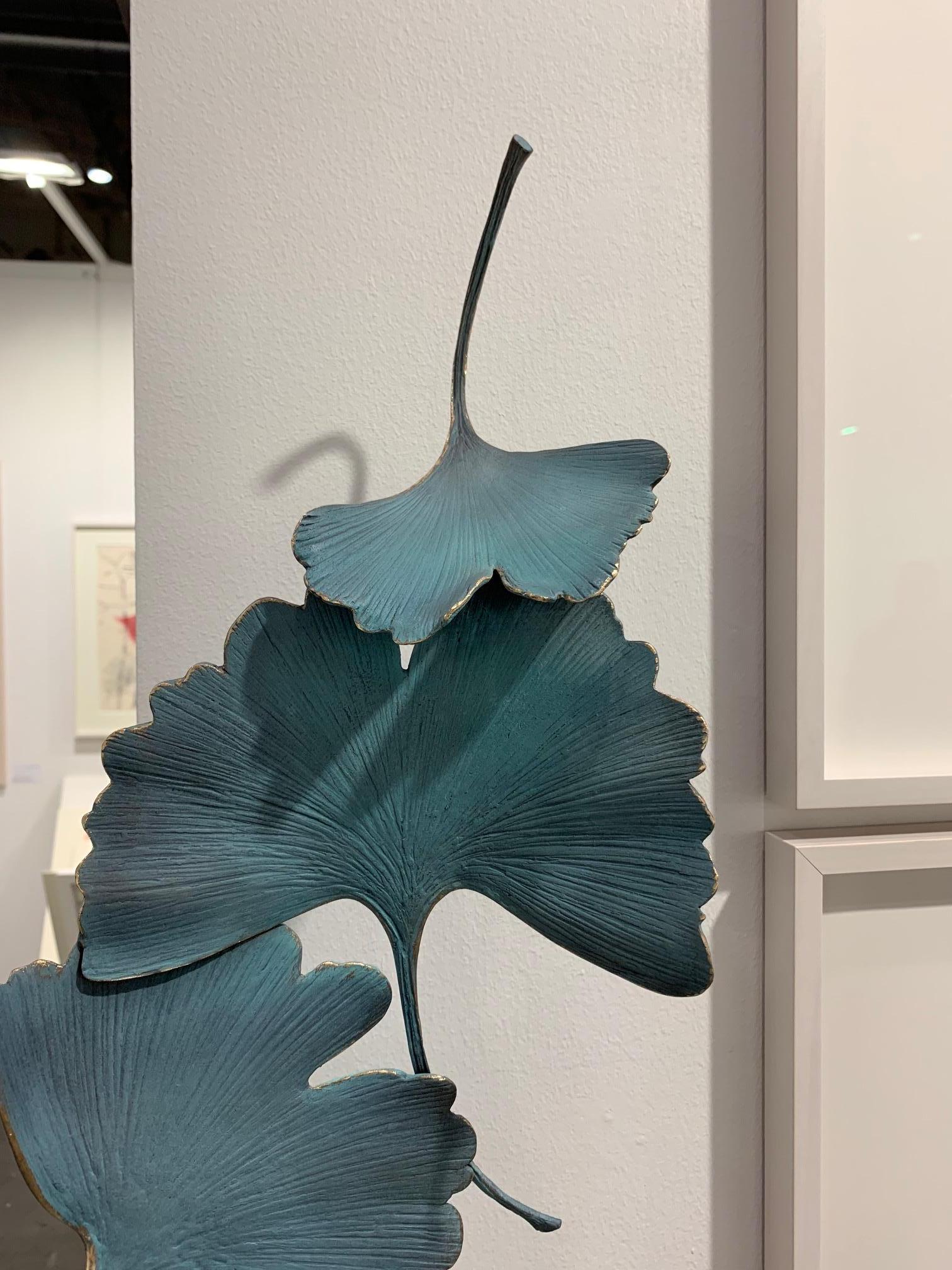 Blue Gingko by Kuno Vollet - Contemporary bronze sculpture on rough granite base For Sale 8