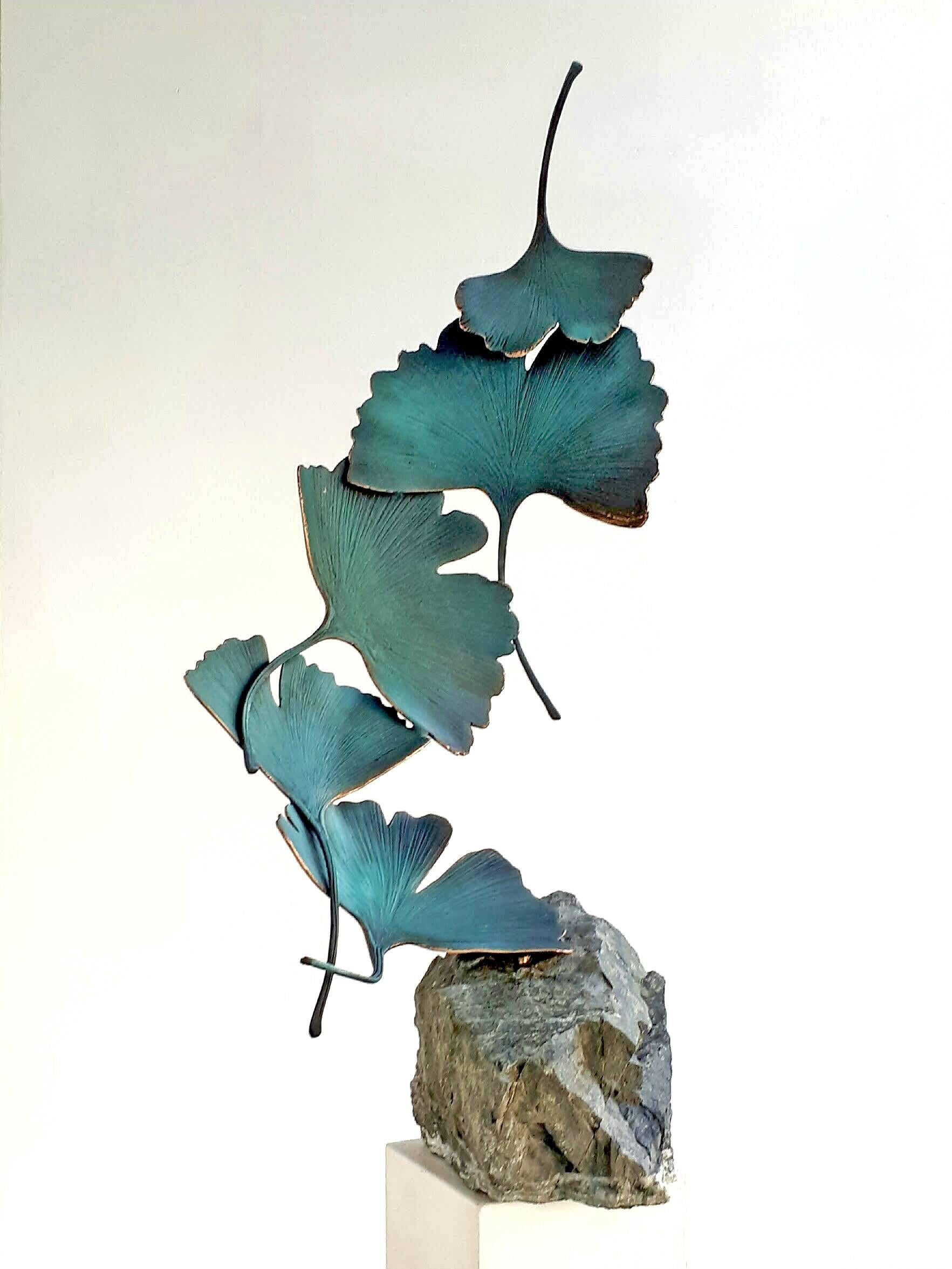 Blue Gingko by Kuno Vollet - Contemporary bronze sculpture on rough granite base