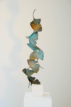 Blue Gingko by Kuno Vollet Contemporary Bronze sculpture on white marble