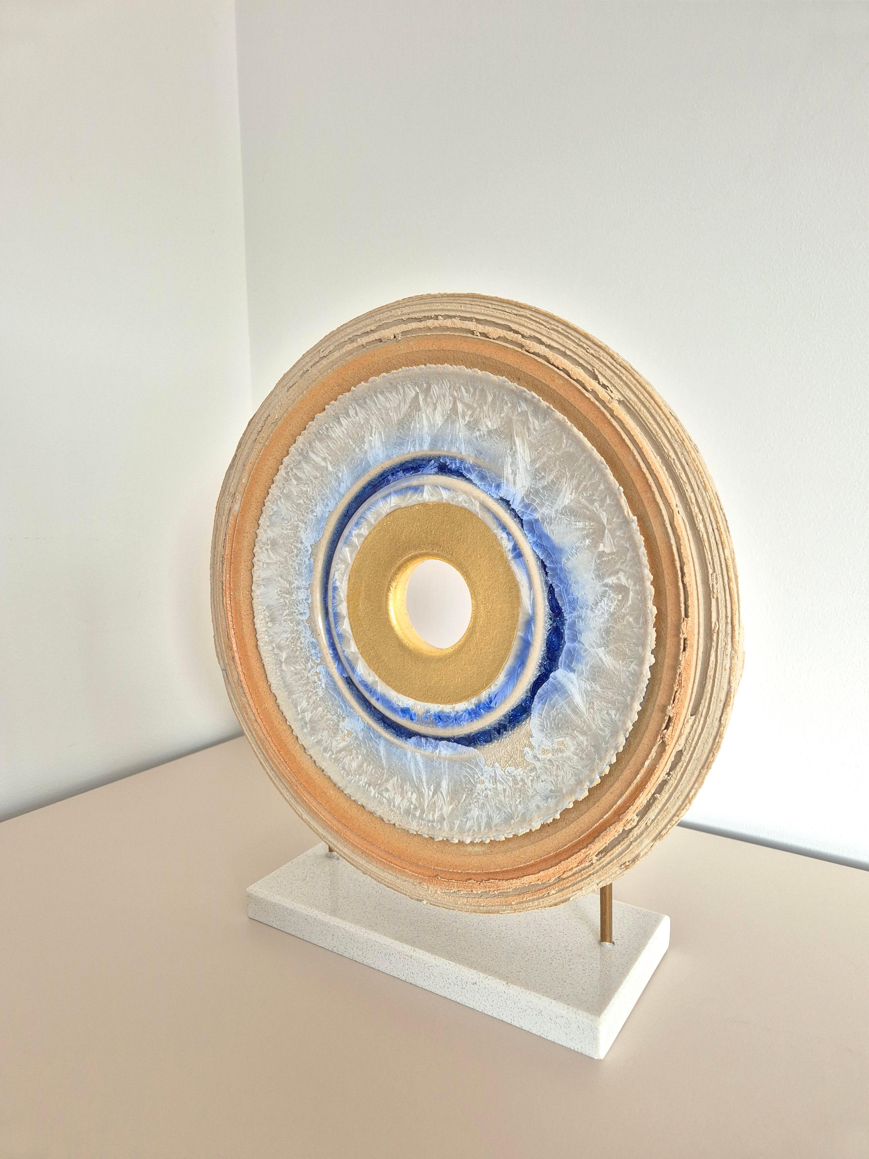 Creatio Continua Ice by Kuno Vollet - gold, blue circular ceramic sculpture For Sale 3