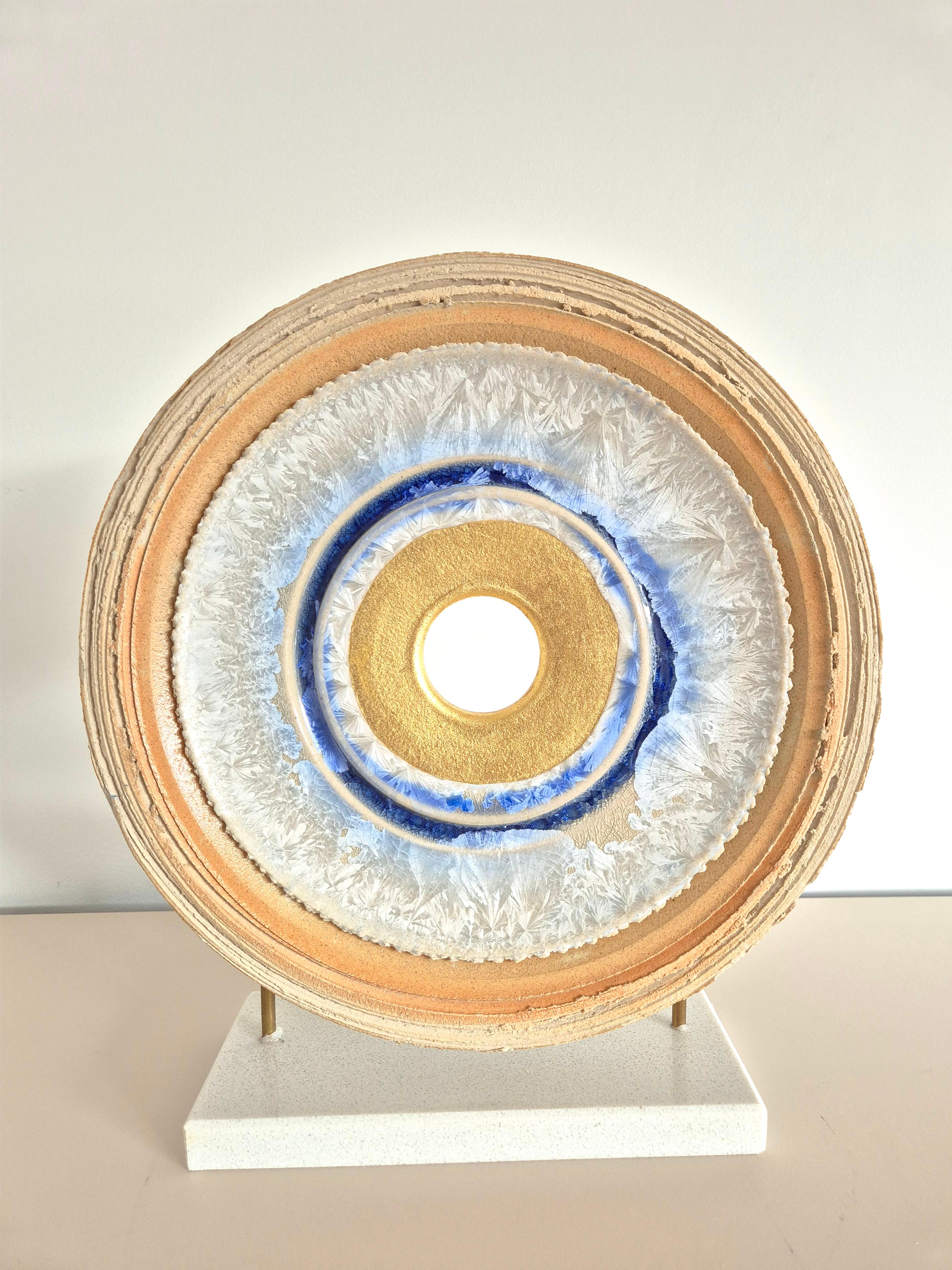 Creatio Continua Ice by Kuno Vollet - gold, blue circular ceramic sculpture