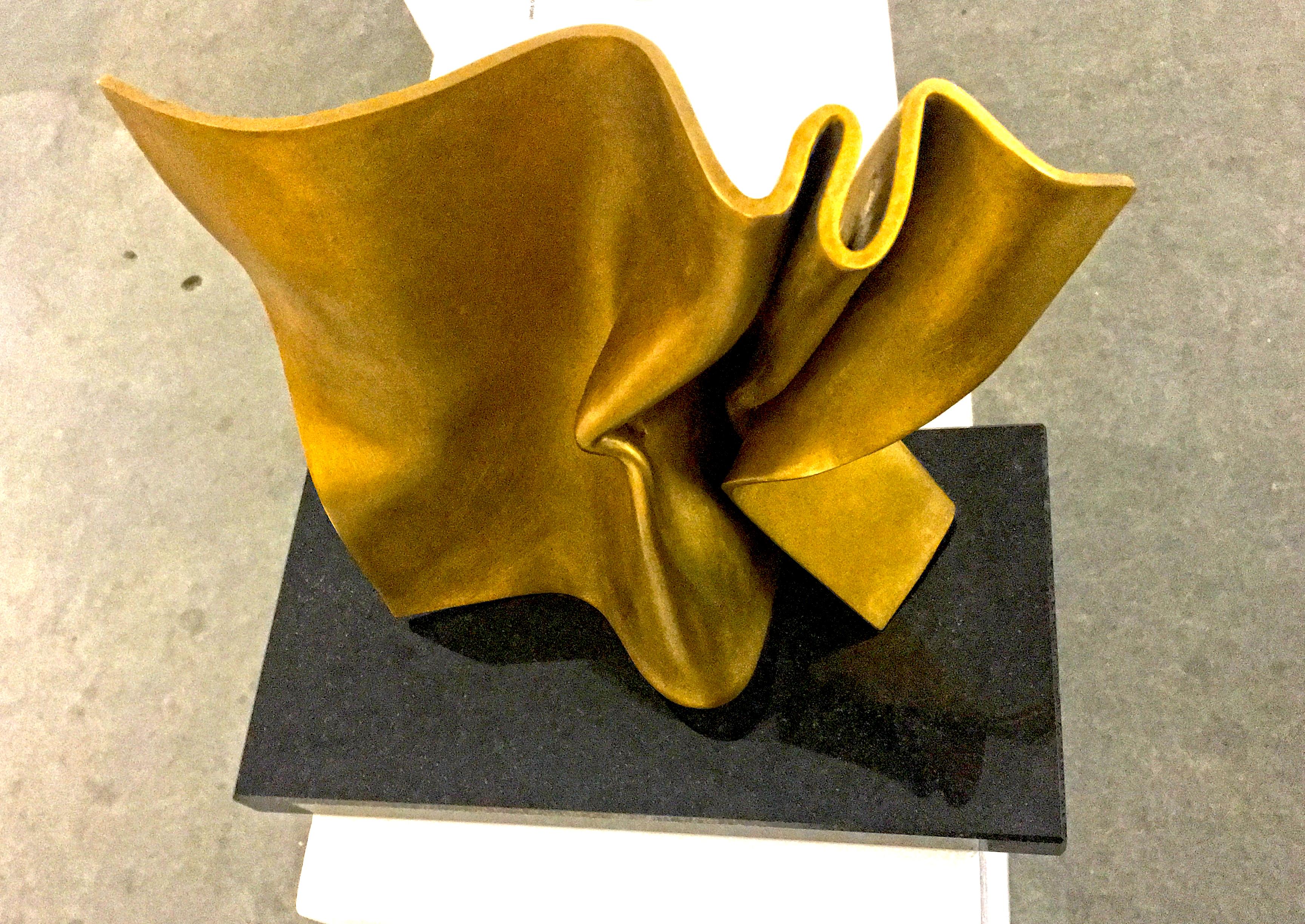 Golden Fold by Kuno Vollet - Contemporary polished Bronze sculpture granite base 1