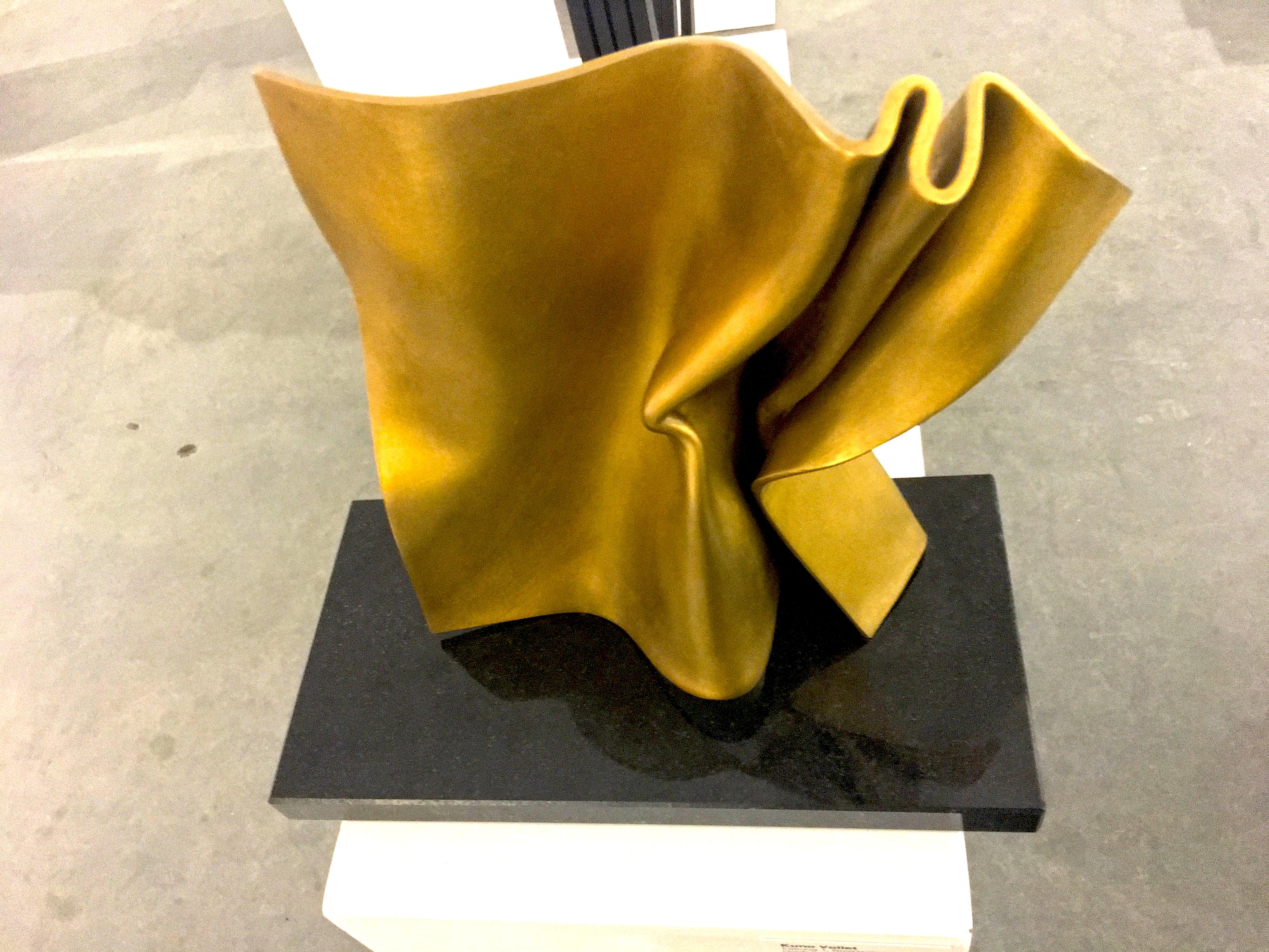 Golden Fold by Kuno Vollet - Contemporary polished Bronze sculpture granite base 5