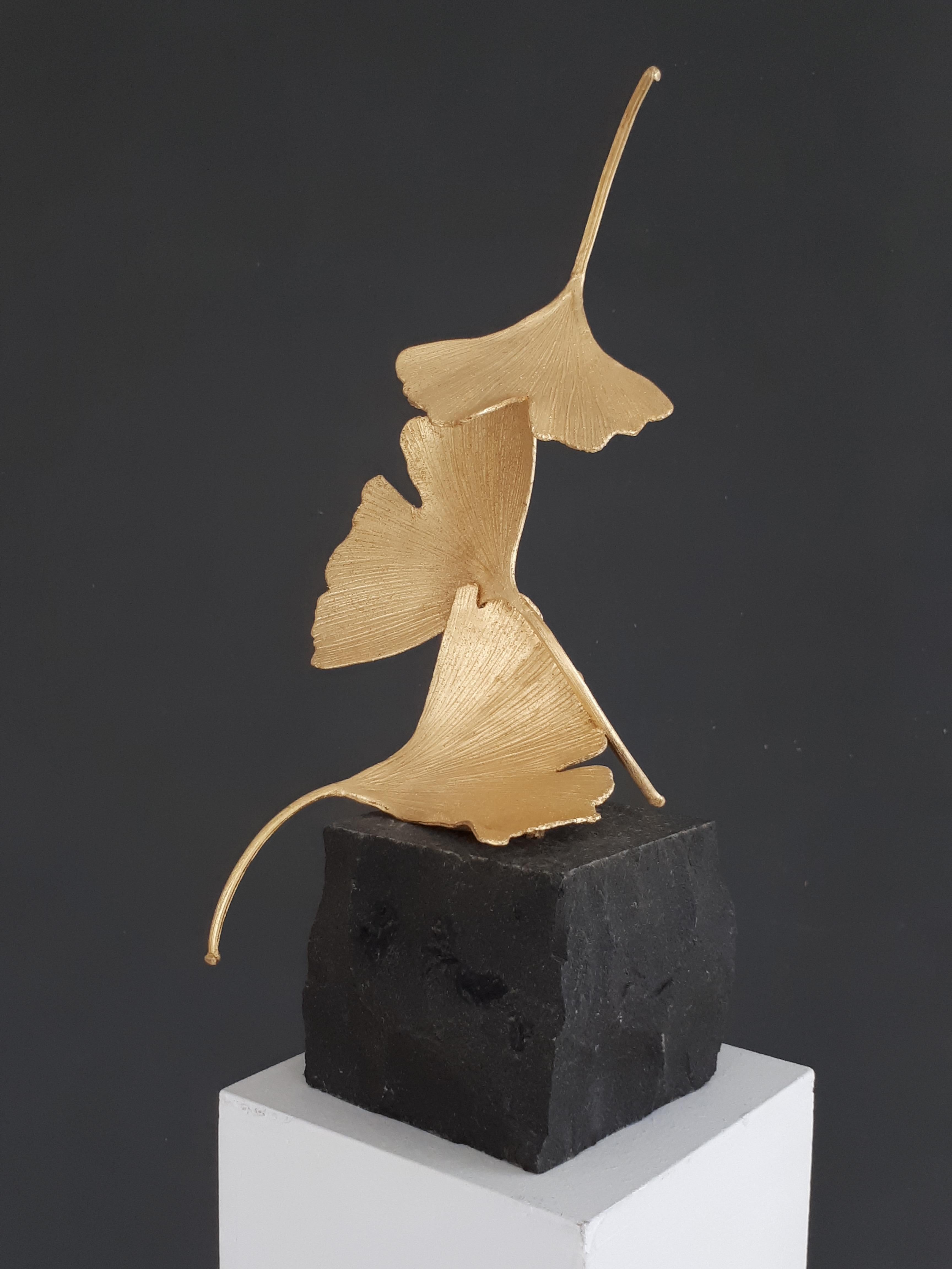 Golden Gingko by Kuno Vollet - Cast Brass gilded sculpture on black granite base 1