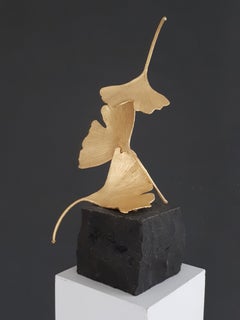 Golden Gingko by Kuno Vollet - Cast Brass gilded sculpture on black granite base