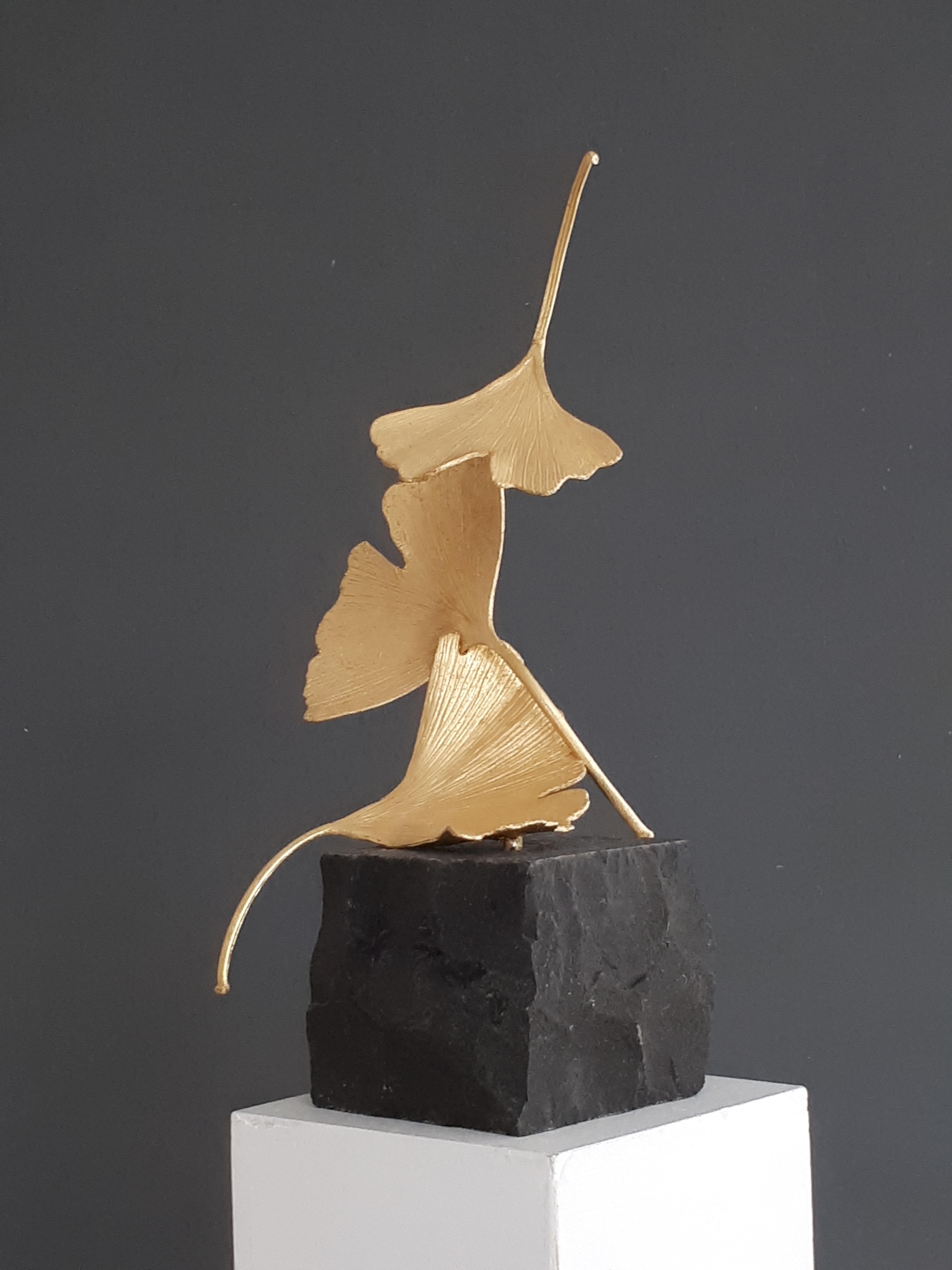 Golden Gingko by Kuno Vollet - Cast Brass gilded sculpture on black granite base For Sale 2