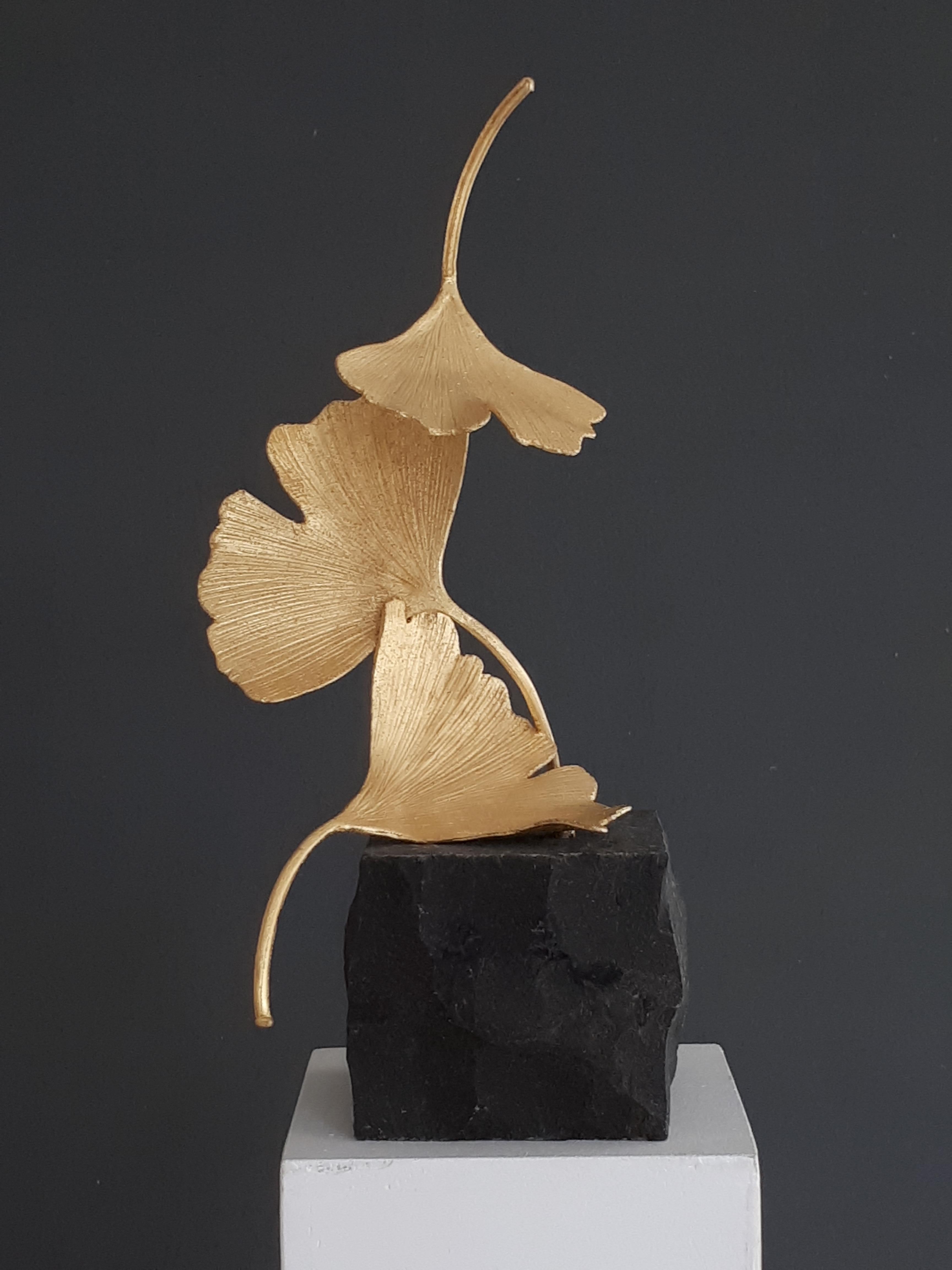 Golden Gingko by Kuno Vollet - Cast Brass gilded sculpture on black granite base 3