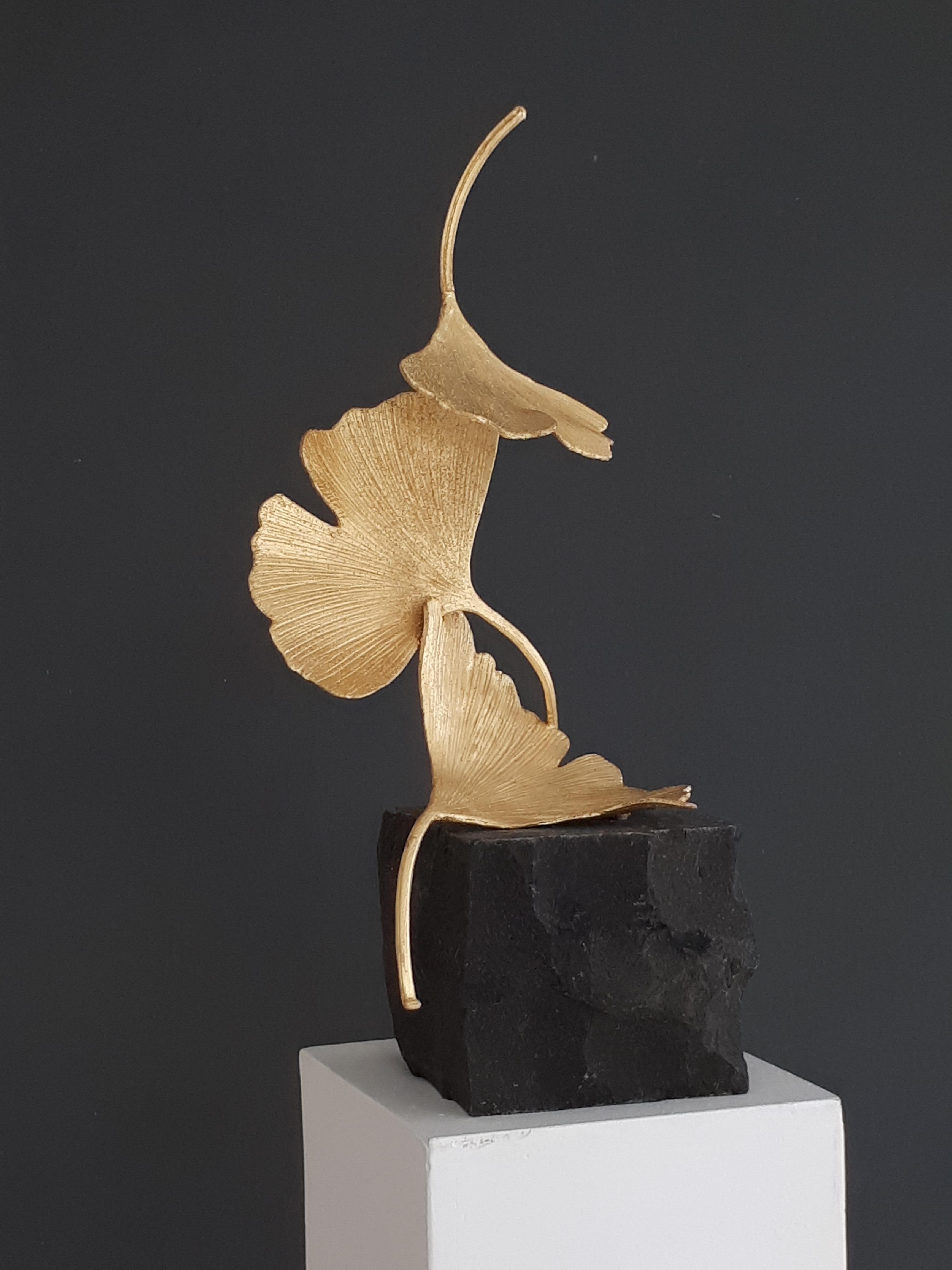 Golden Gingko by Kuno Vollet - Cast Brass gilded sculpture on black granite base 4