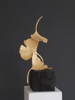 Golden Gingko by Kuno Vollet - Cast Brass gilded sculpture on black granite base