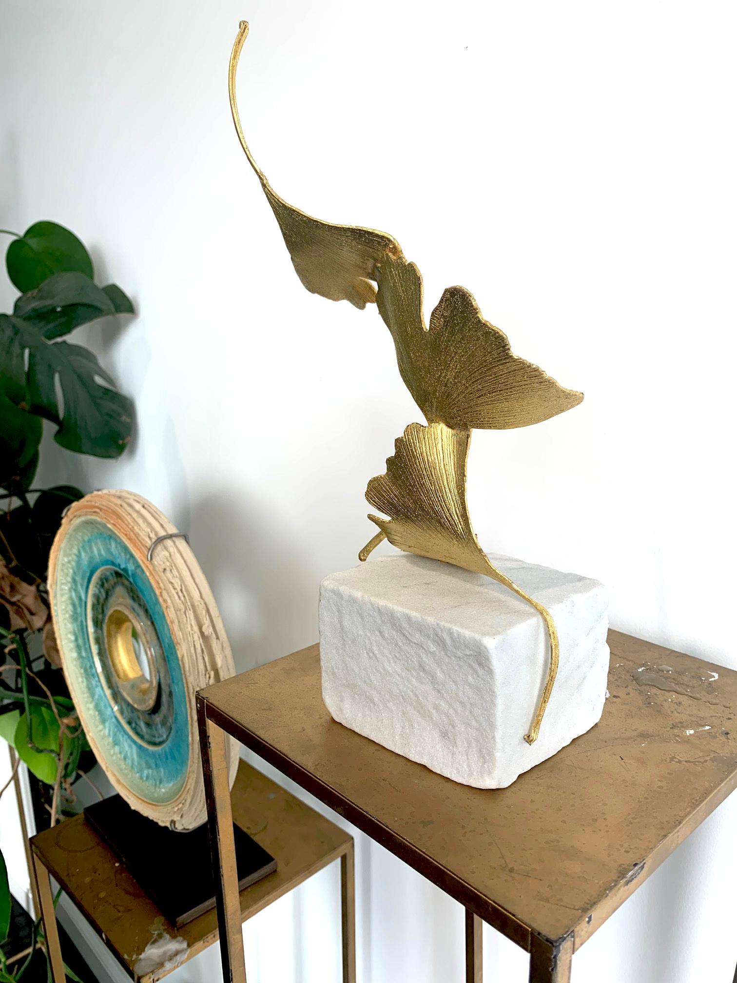Golden Gingko by Kuno Vollet - Cast Brass gilded sculpture on white marble base 9